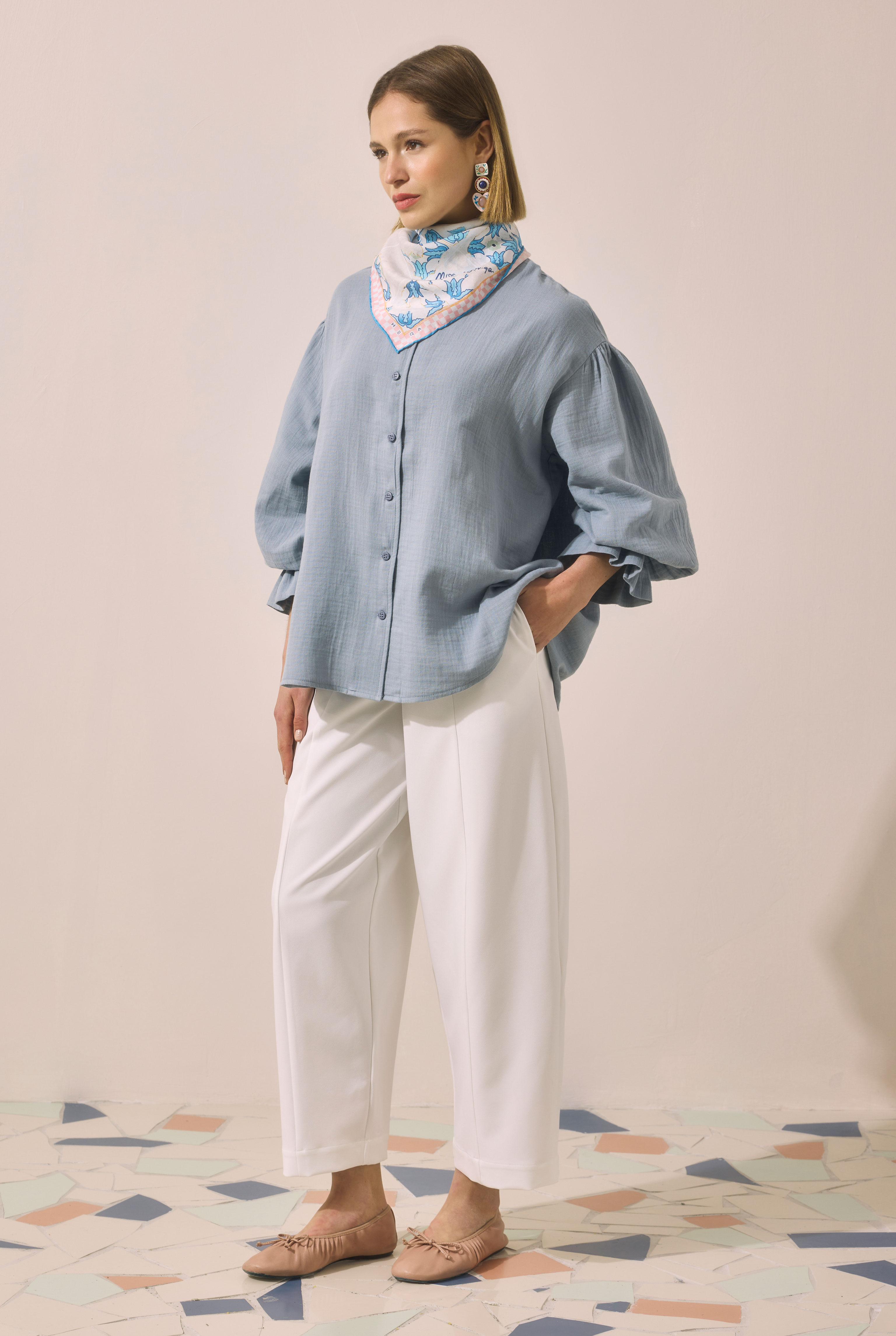 Flowy Muslin Shirt Pastel Blue - HE-QA