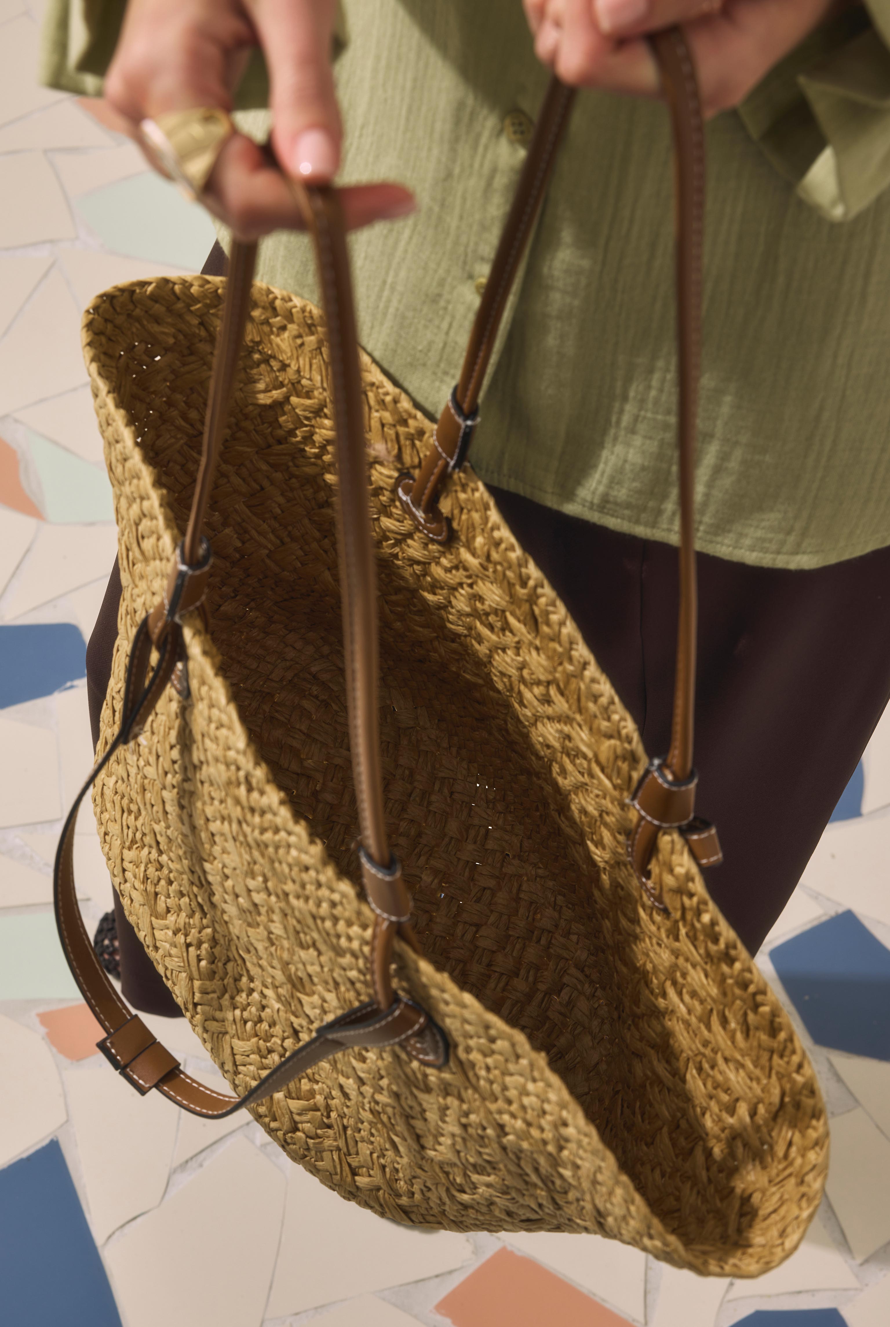 Straw Bag With Leather Handles Camel - 4