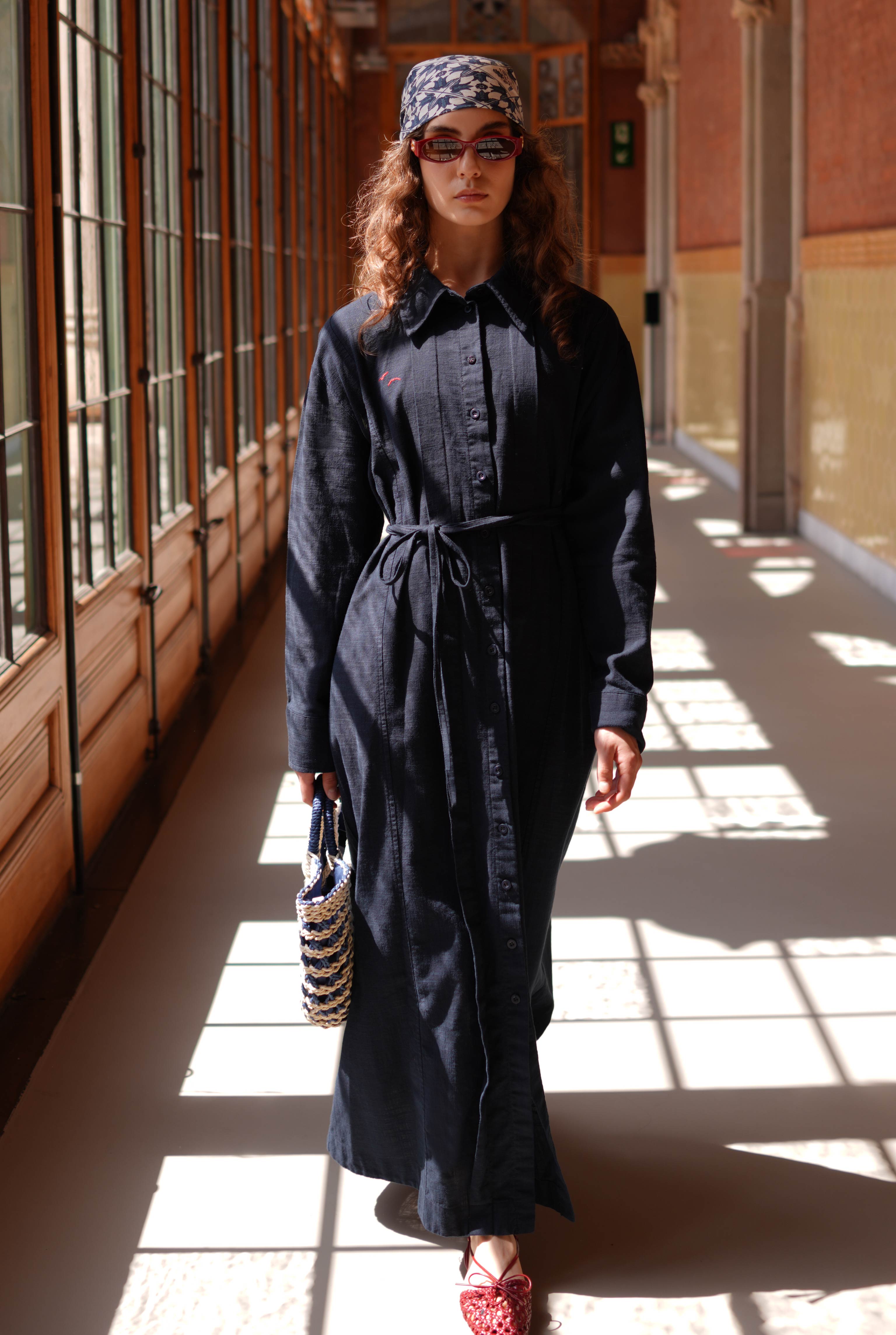 Embroidered Cotton Dress Navy Blue - HE-QA