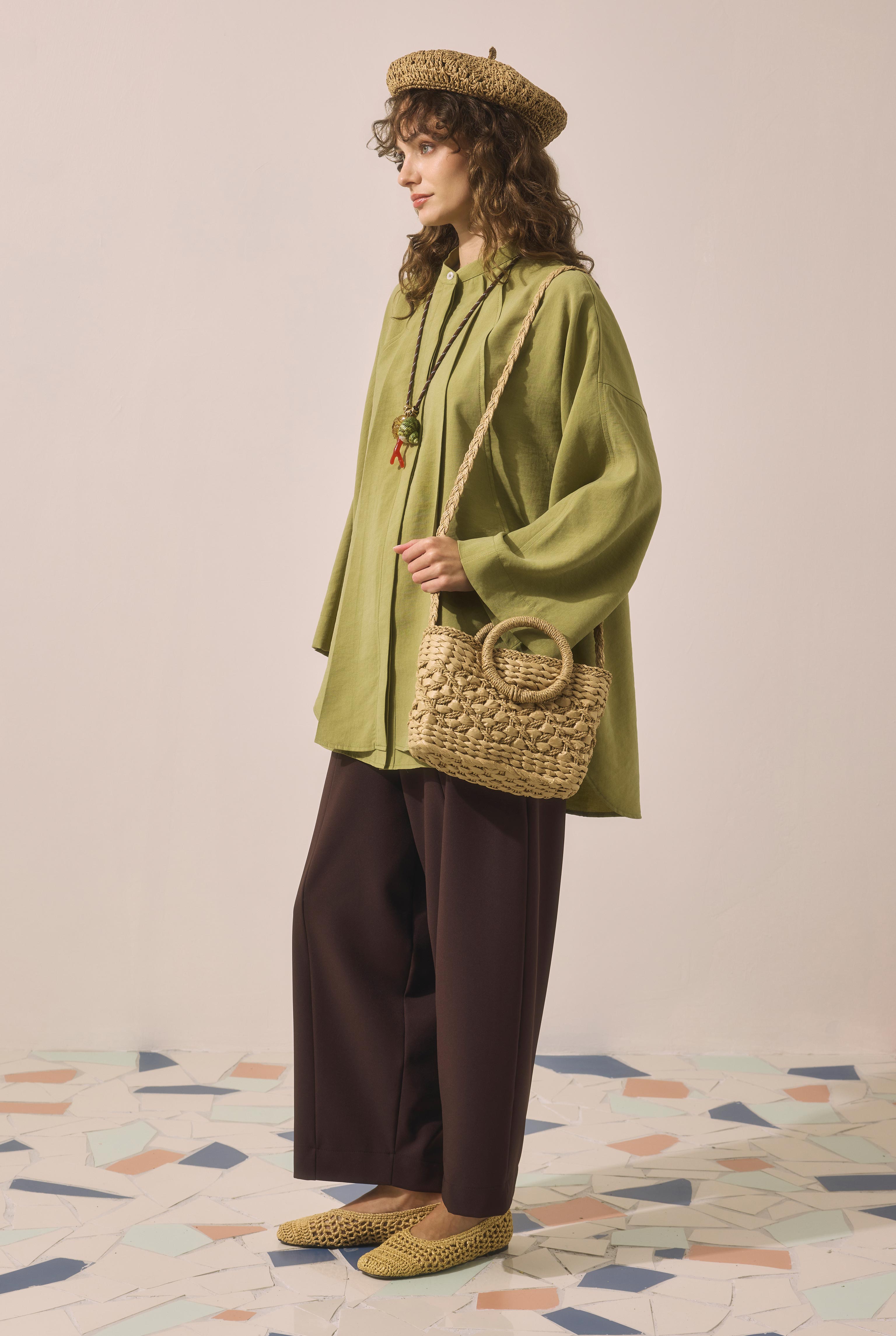 Pleat Detailed Shirt Oil Green - 4