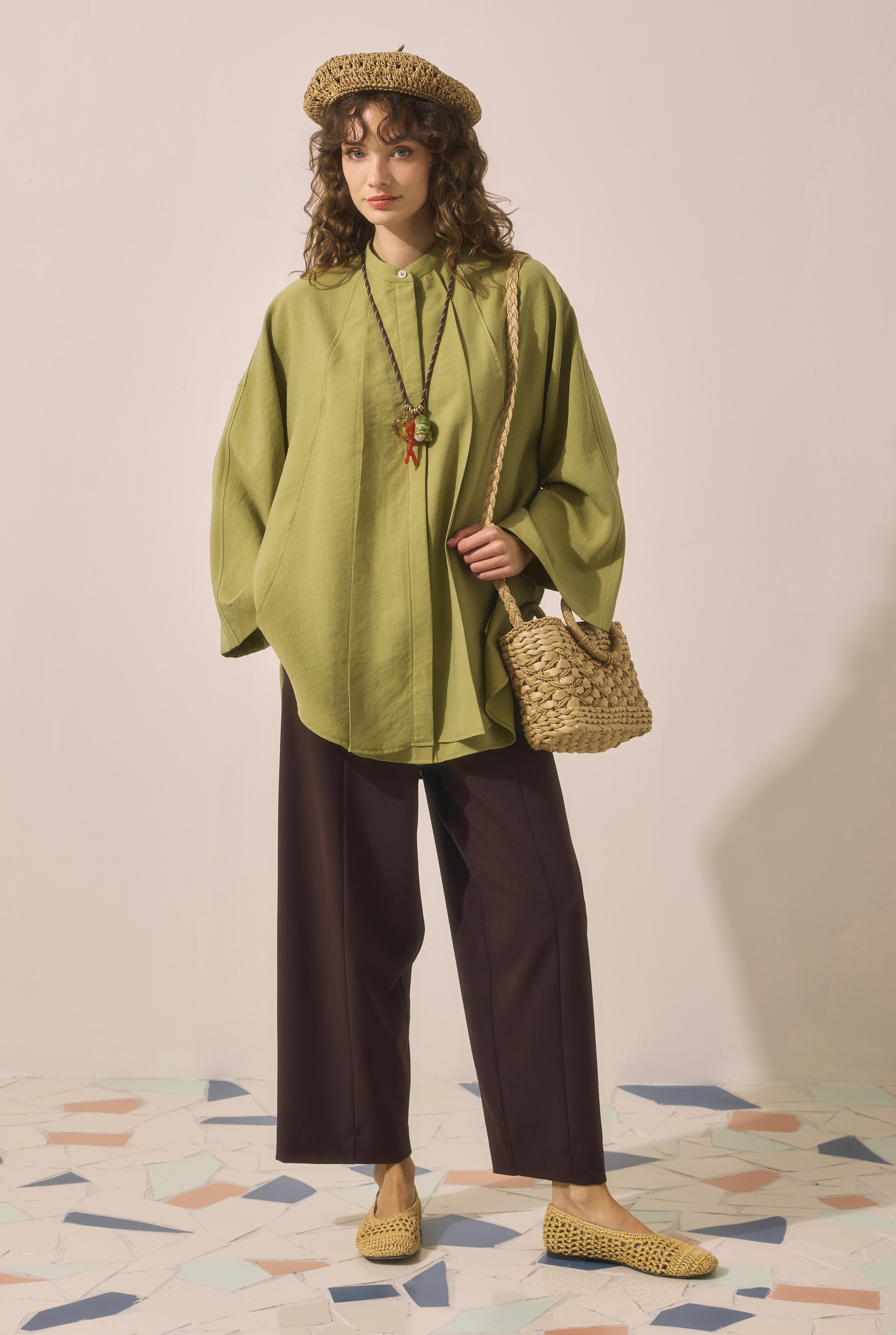 Pleat Detailed Shirt Oil Green - 2