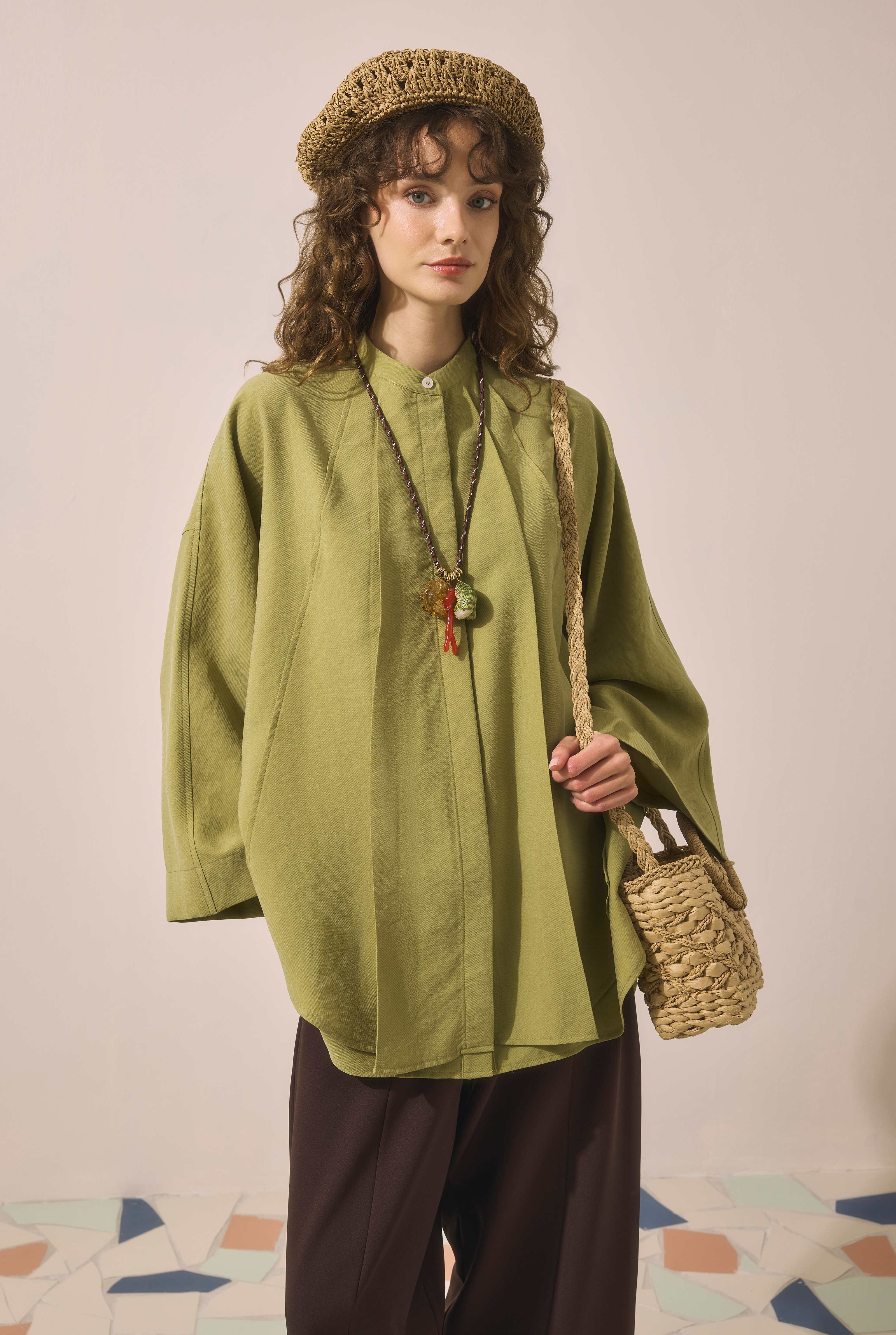 Pleat Detailed Shirt Oil Green - 3