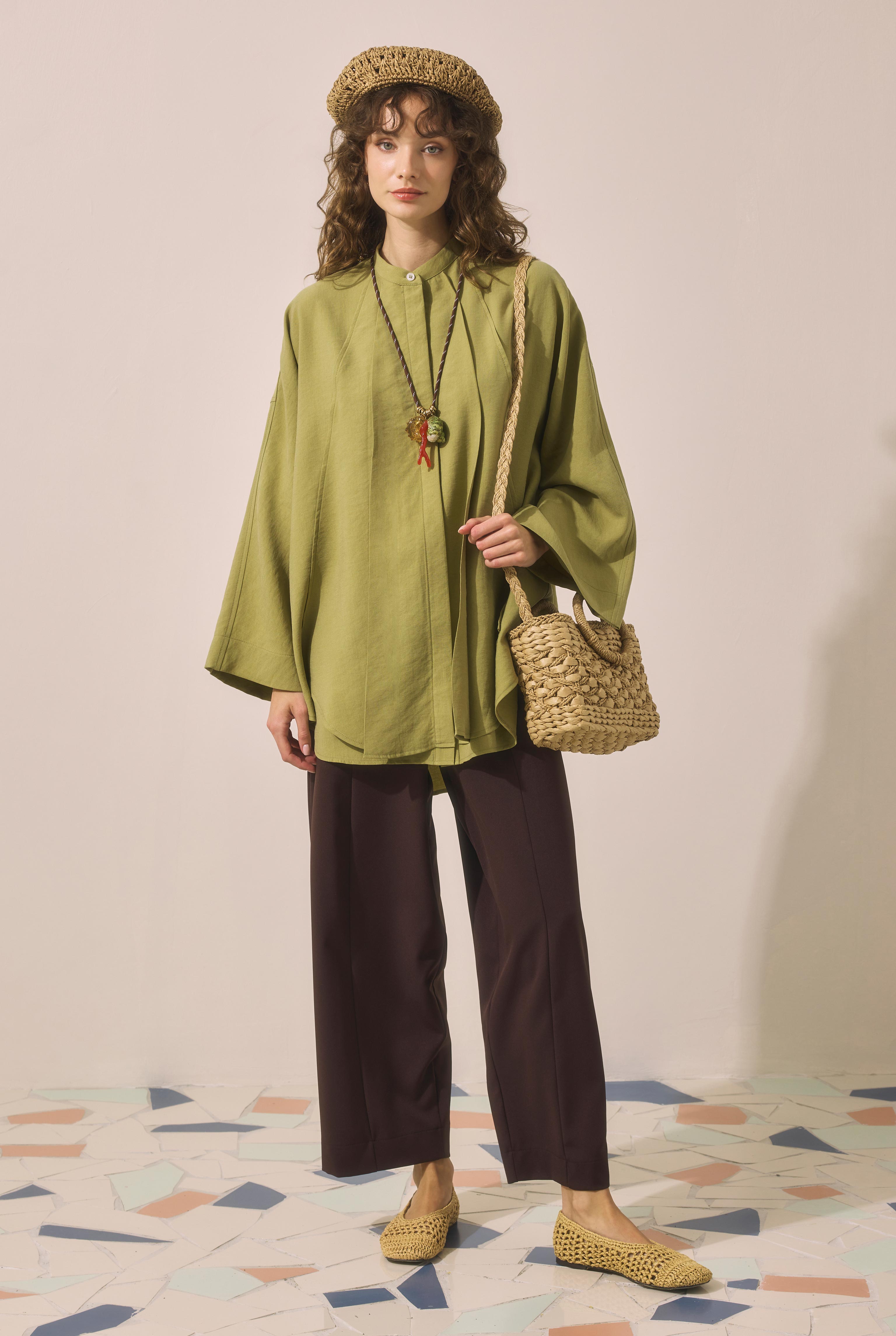 Pleat Detailed Shirt Oil Green - 1