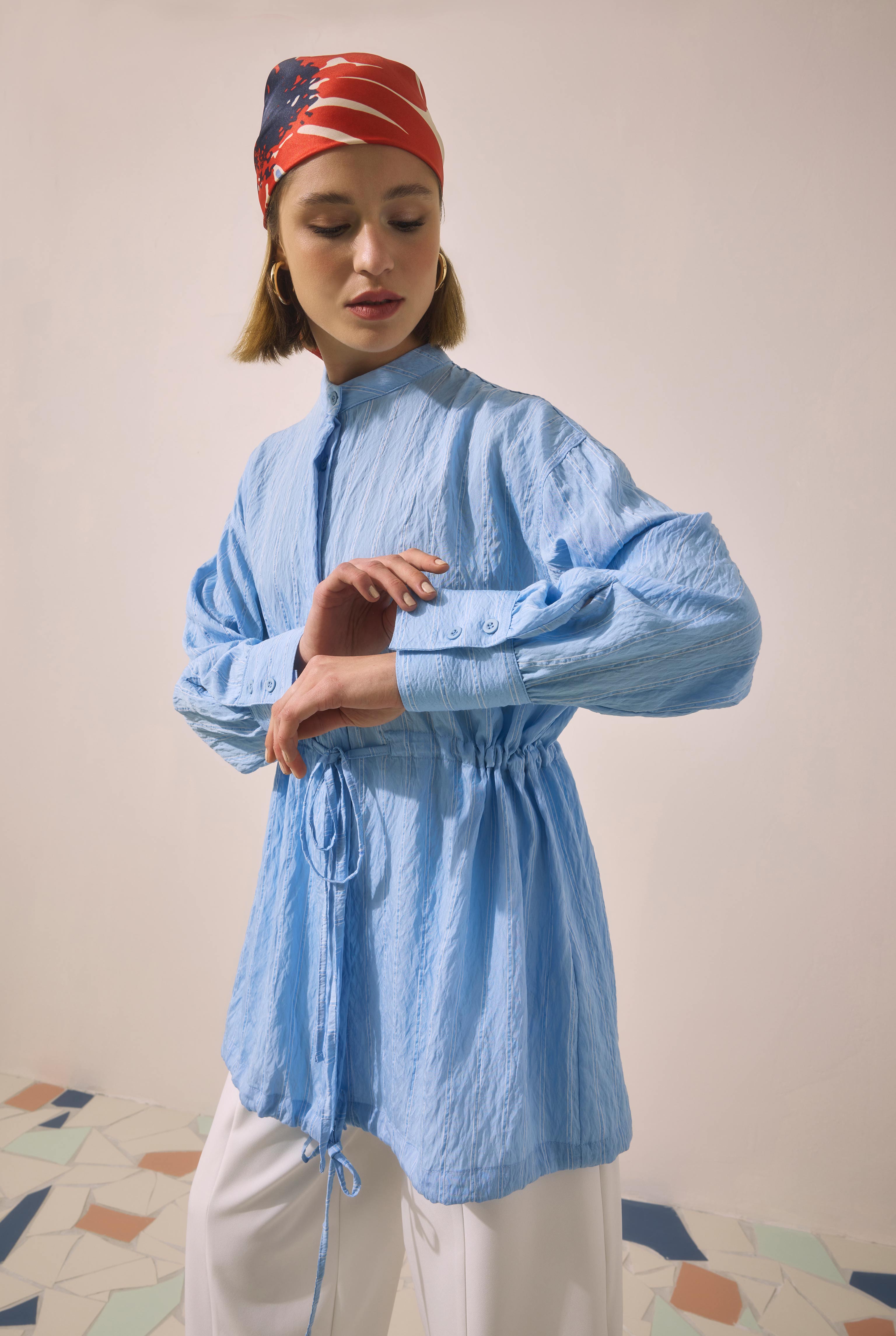 Tunnel Detailed Striped Shirt Blue - 4