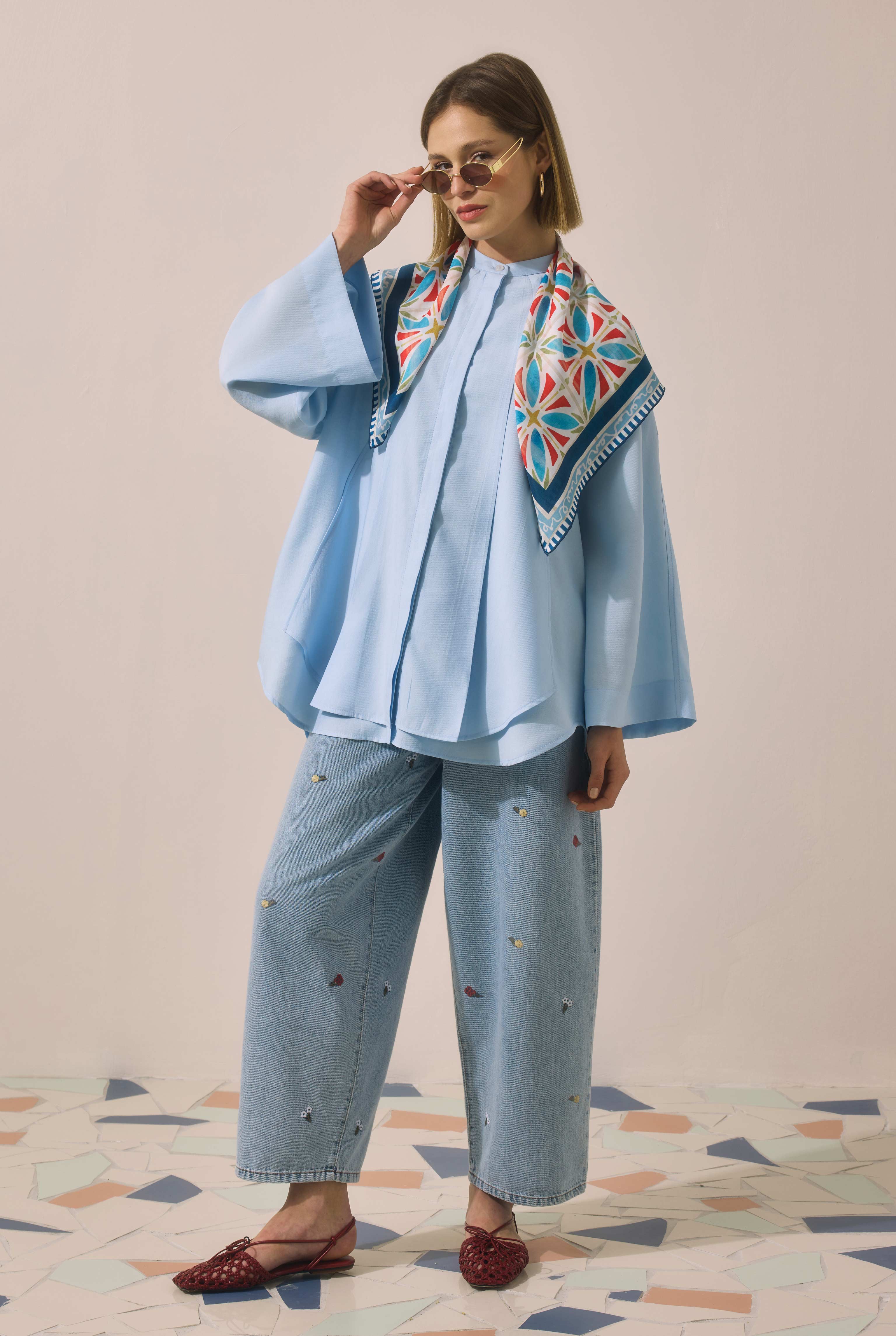Pleat Detailed Shirt Baby Blue - 4