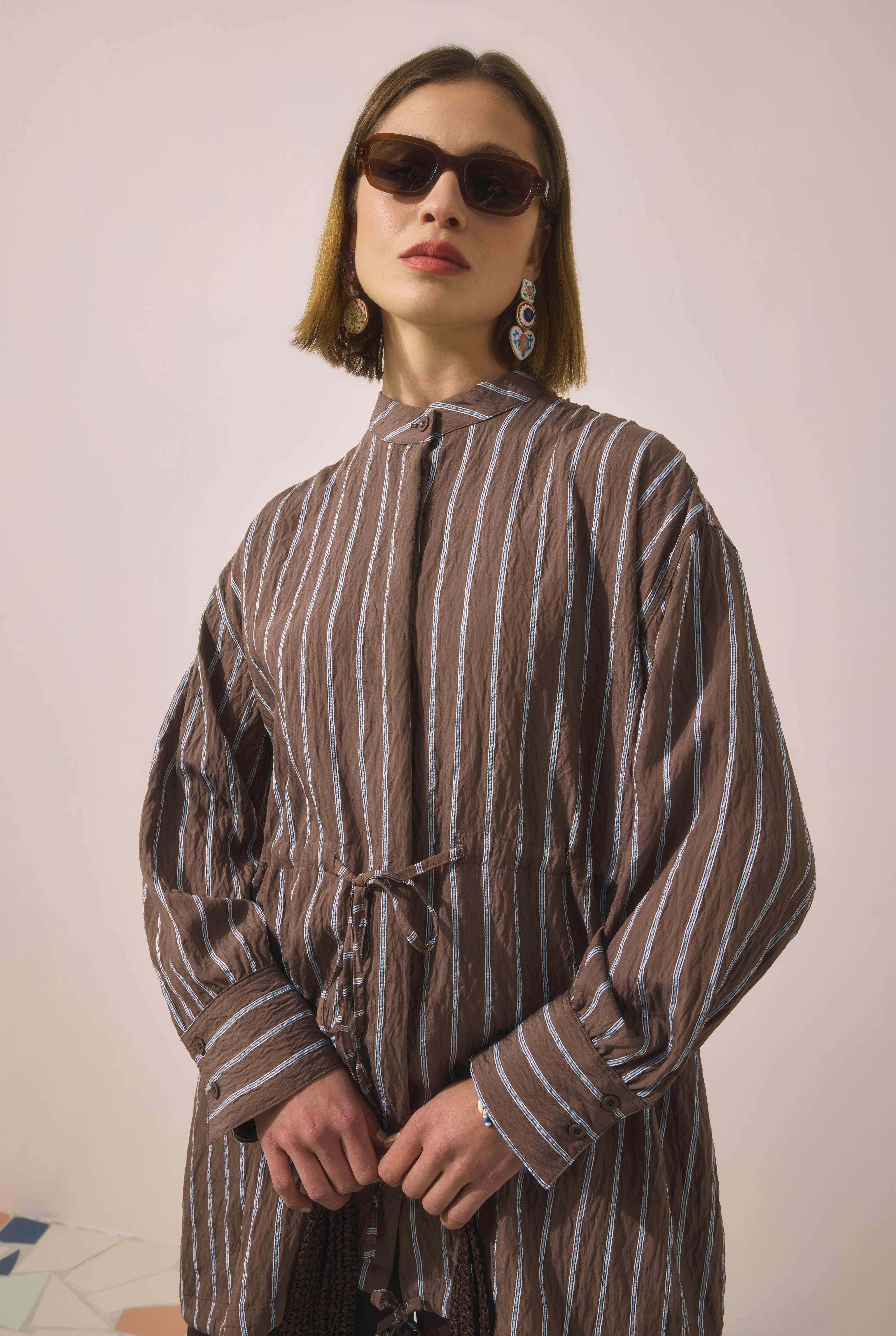Tunnel Detailed Striped Shirt Brown - 4