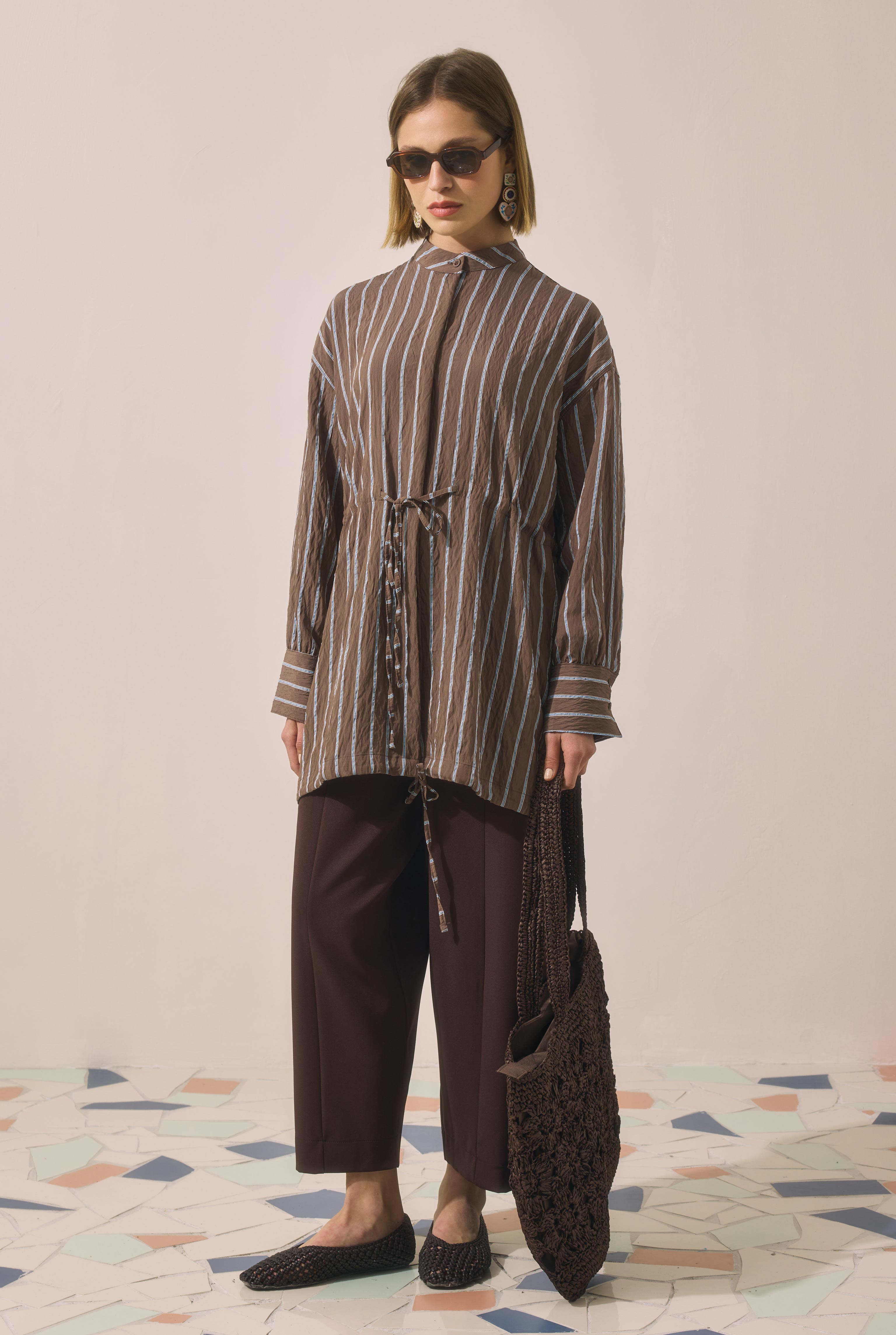 Tunnel Detailed Striped Shirt Brown - HE-QA