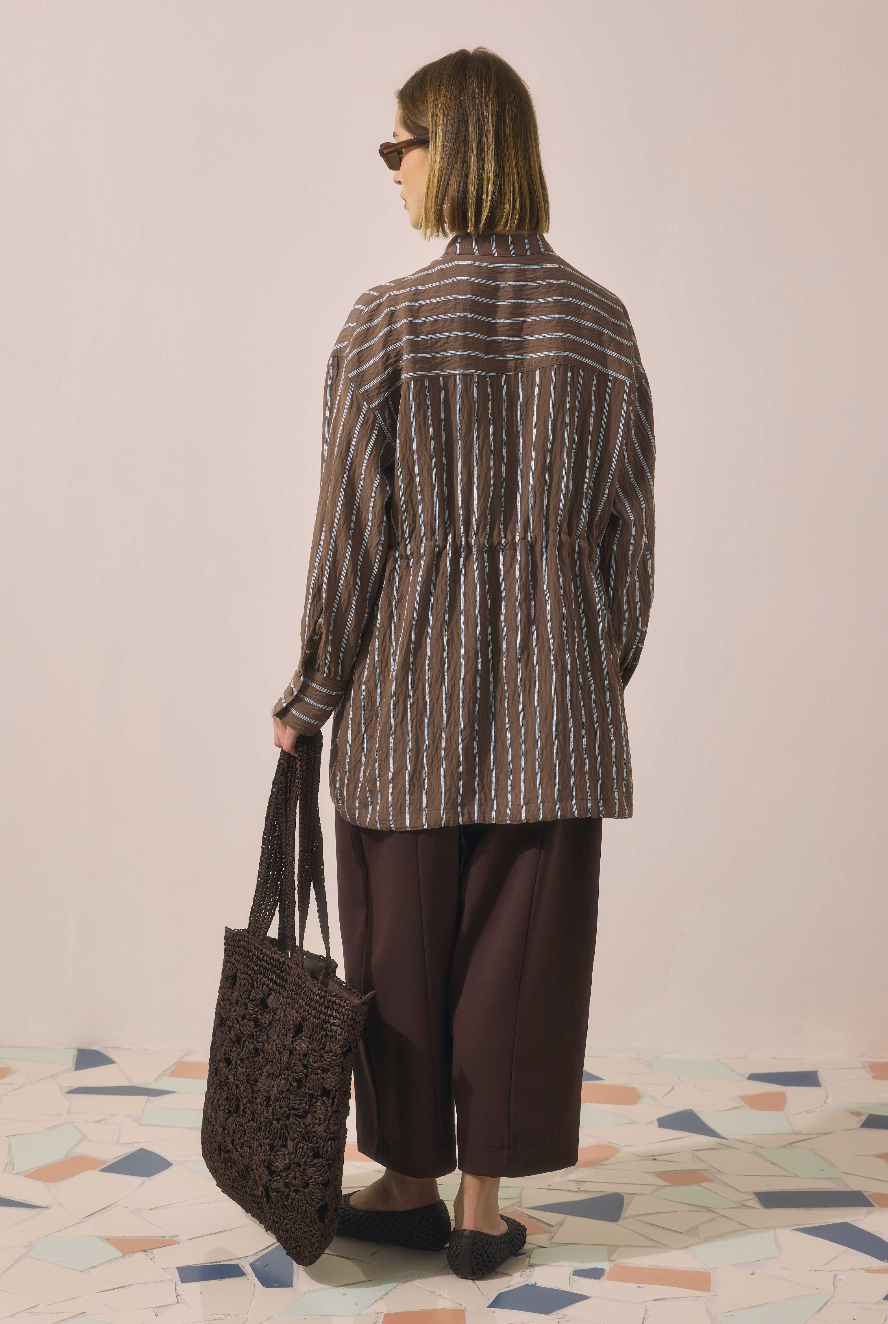 Tunnel Detailed Striped Shirt Brown - 5