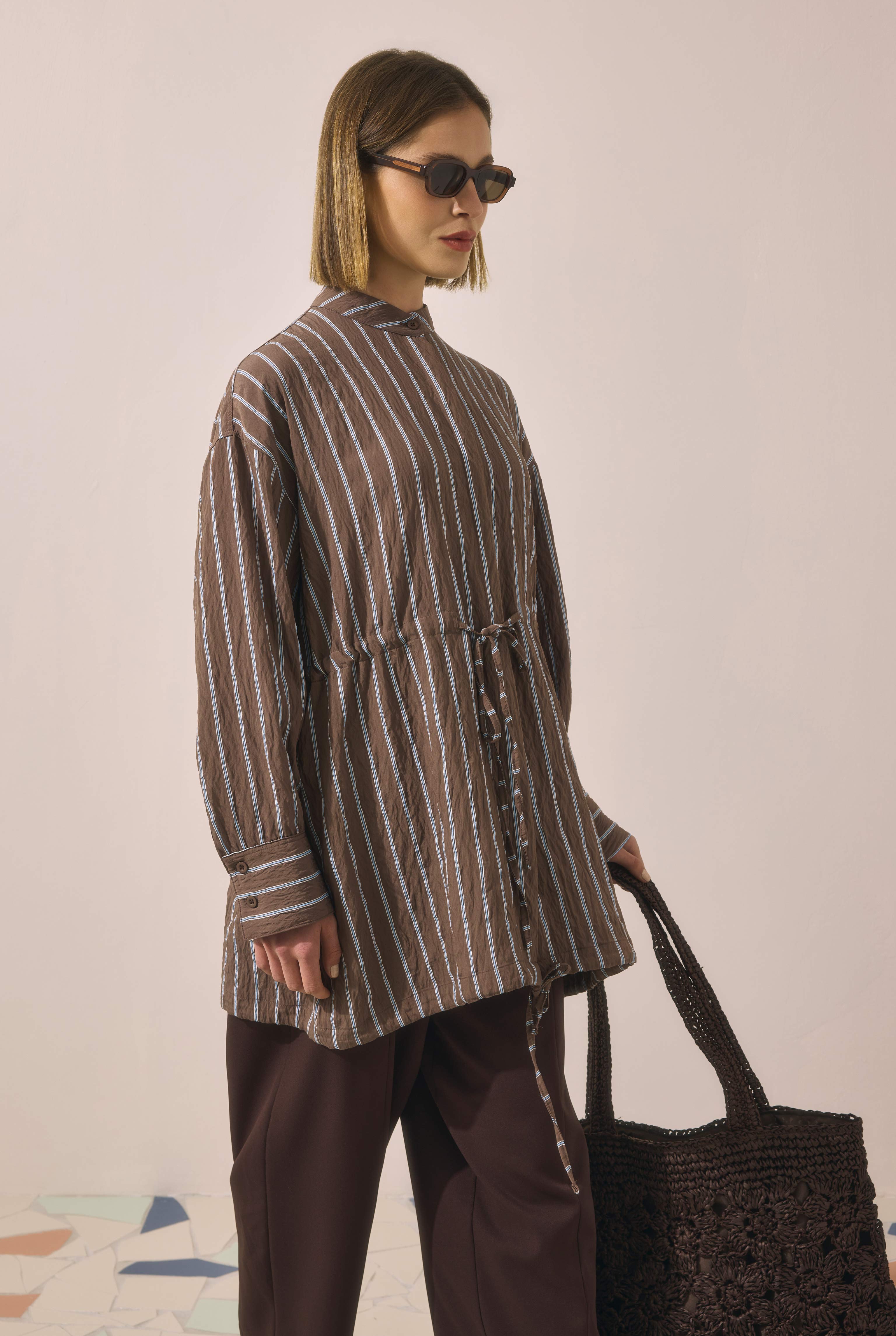 Tunnel Detailed Striped Shirt Brown - 3