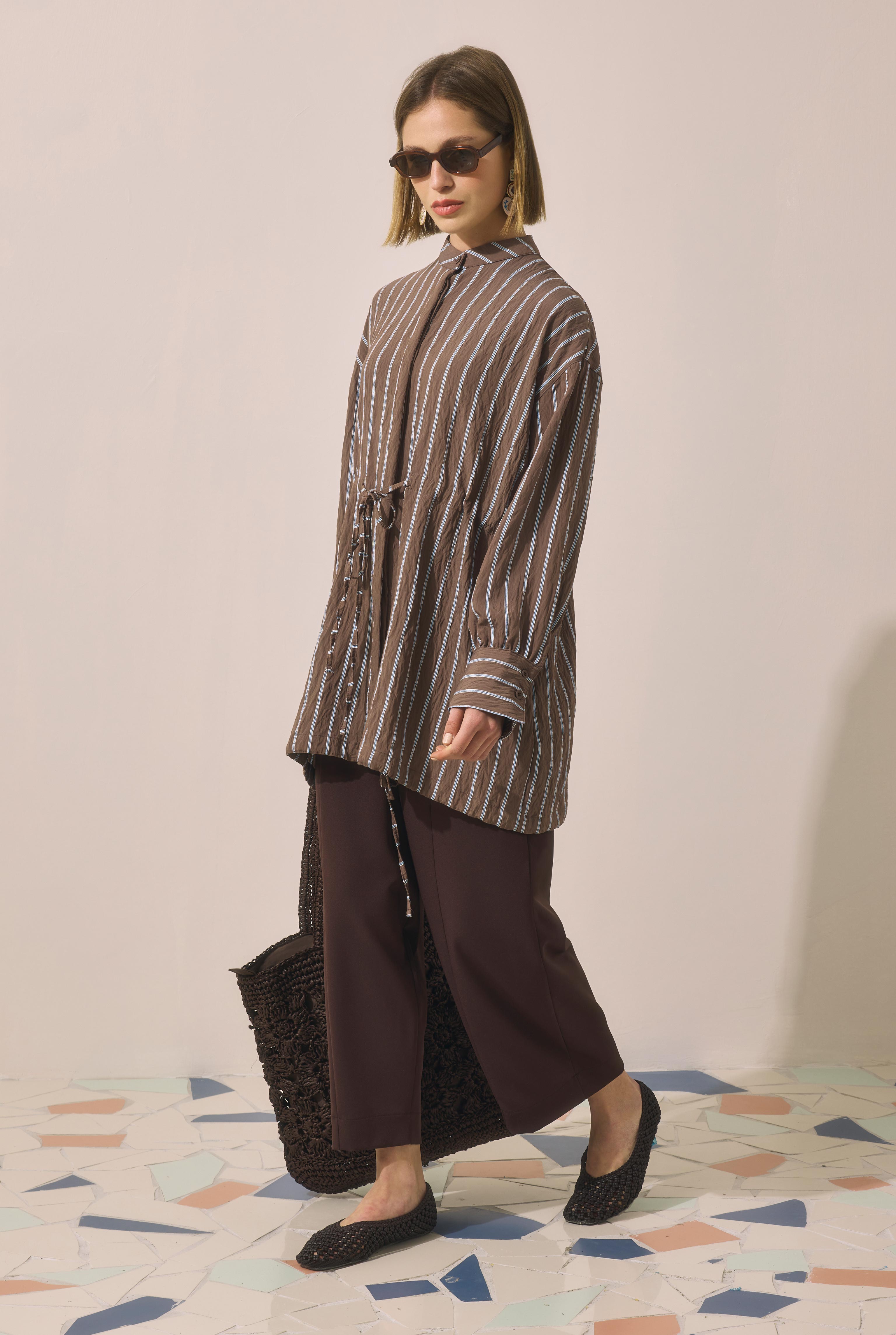 Tunnel Detailed Striped Shirt Brown - 2