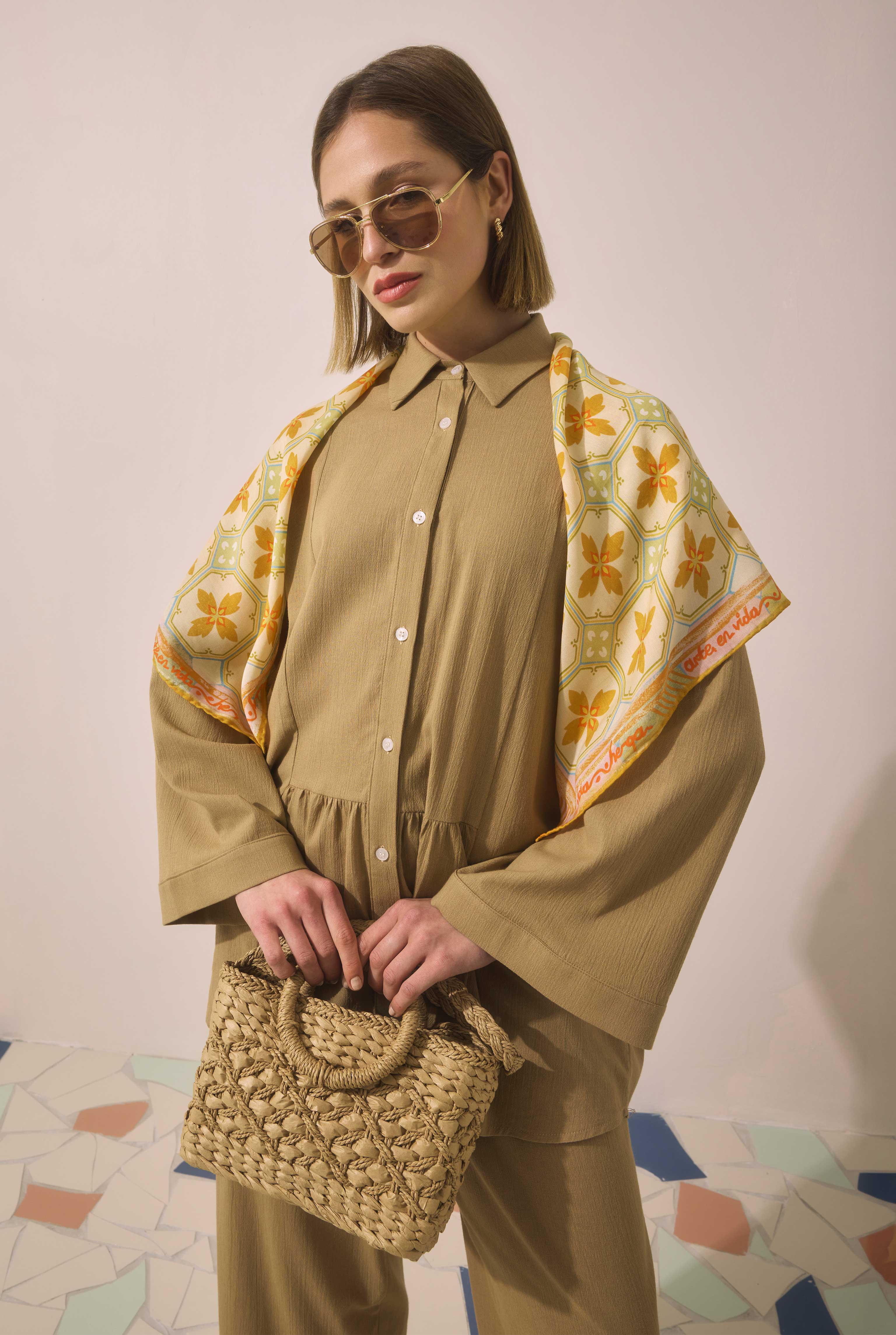 Straw Handle Basket Bag Camel - 6