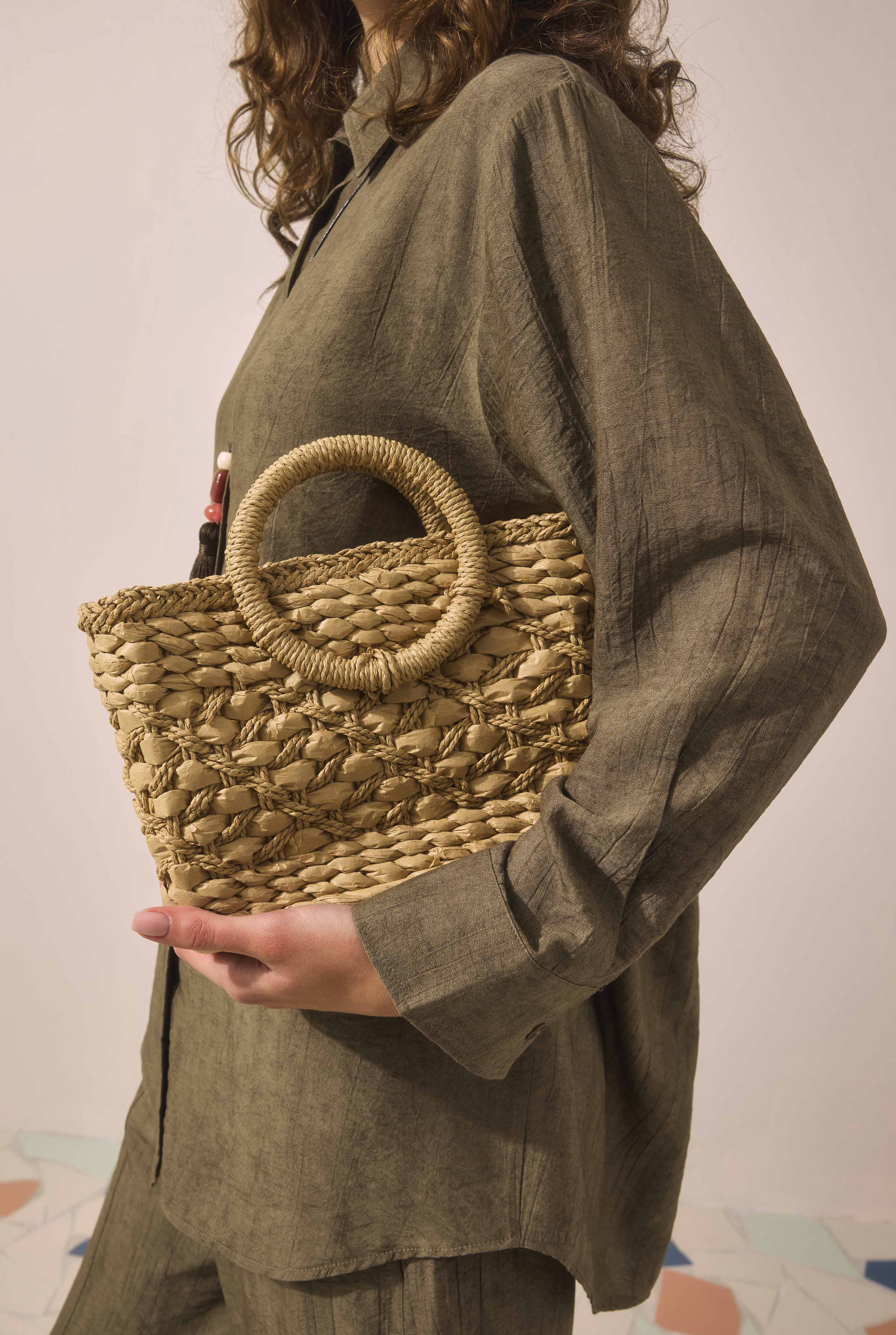 Straw Handle Basket Bag Camel - 4