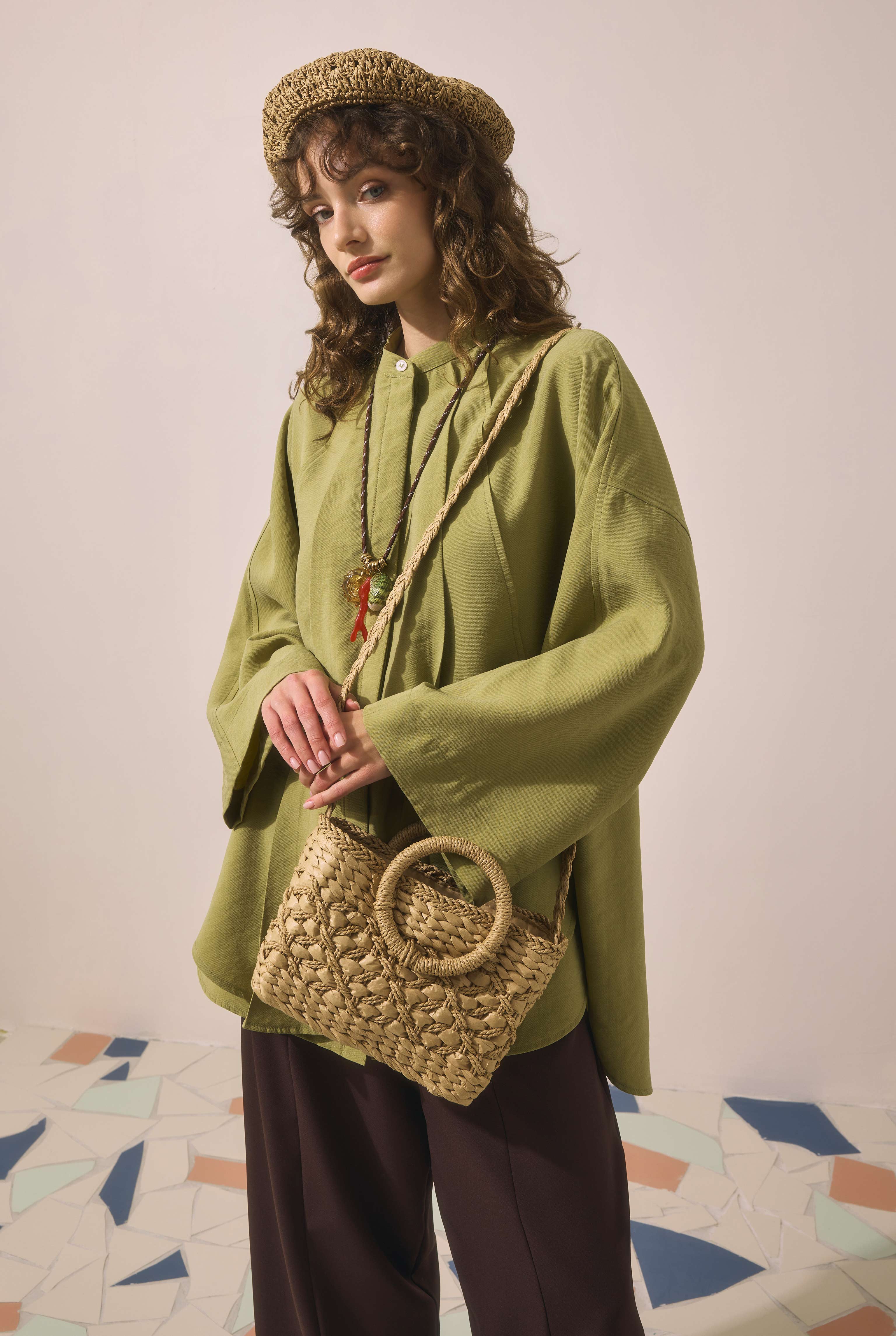 Straw Handle Basket Bag Camel - 2
