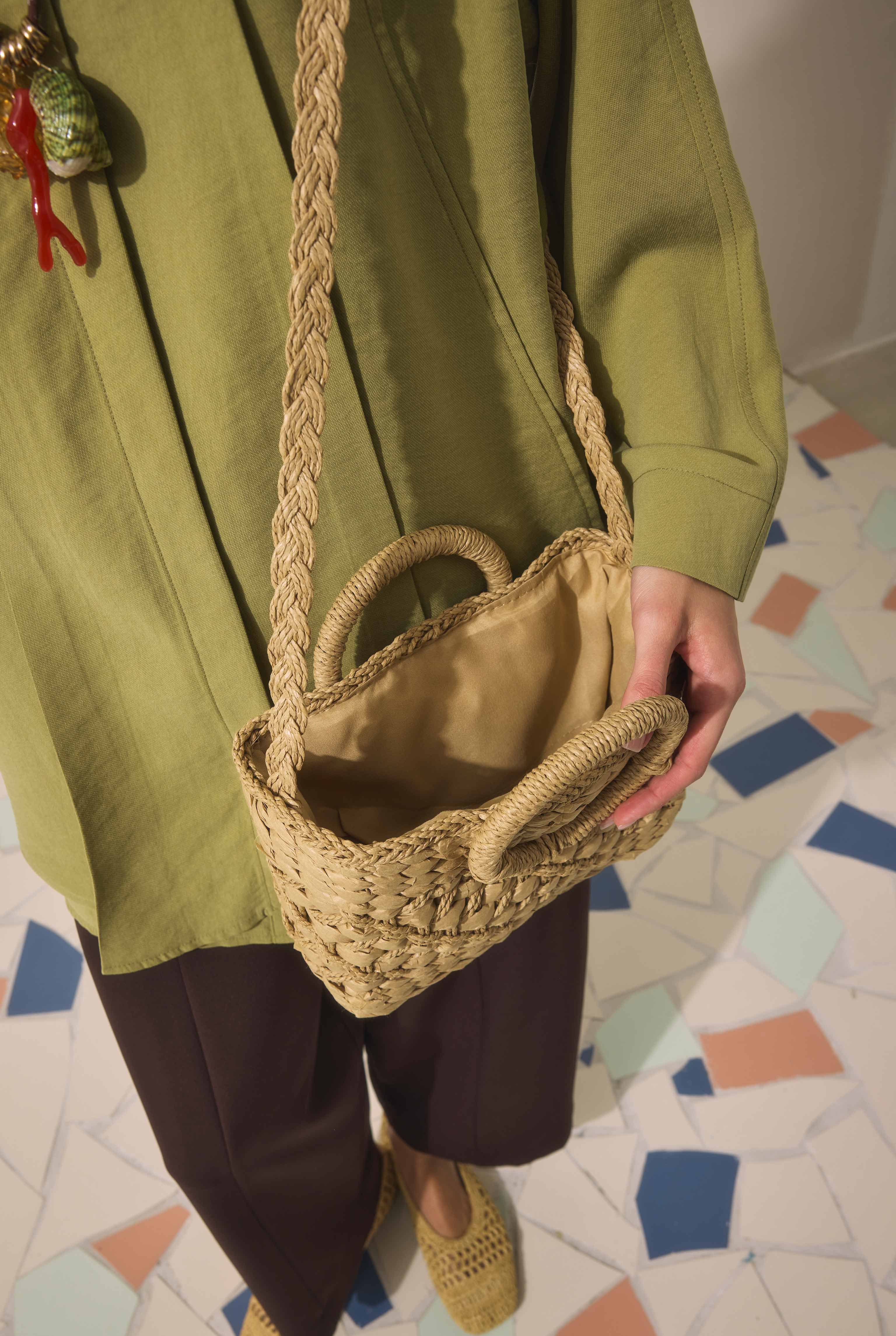 Straw Handle Basket Bag Camel - 3