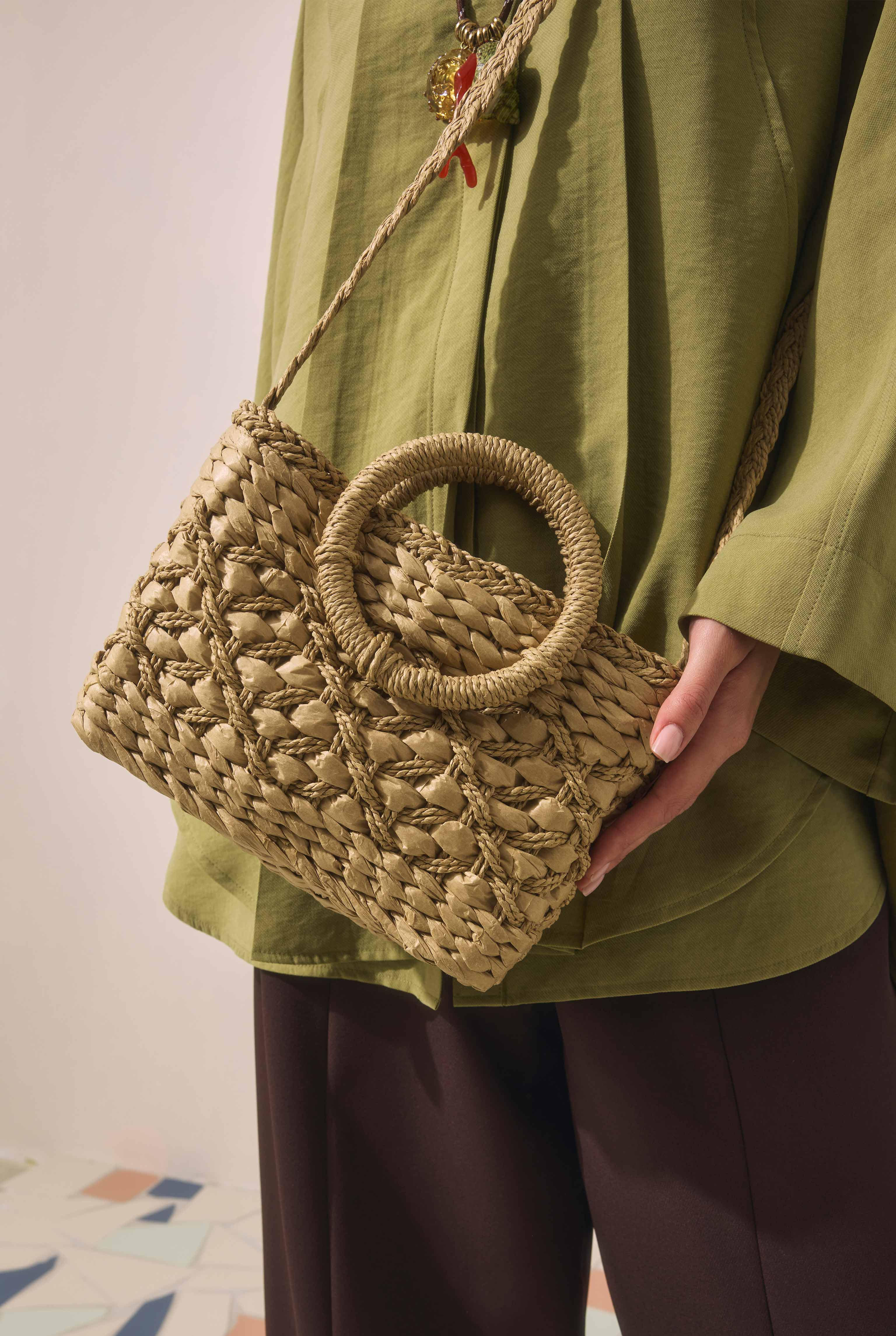 Straw Handle Basket Bag Camel - 1
