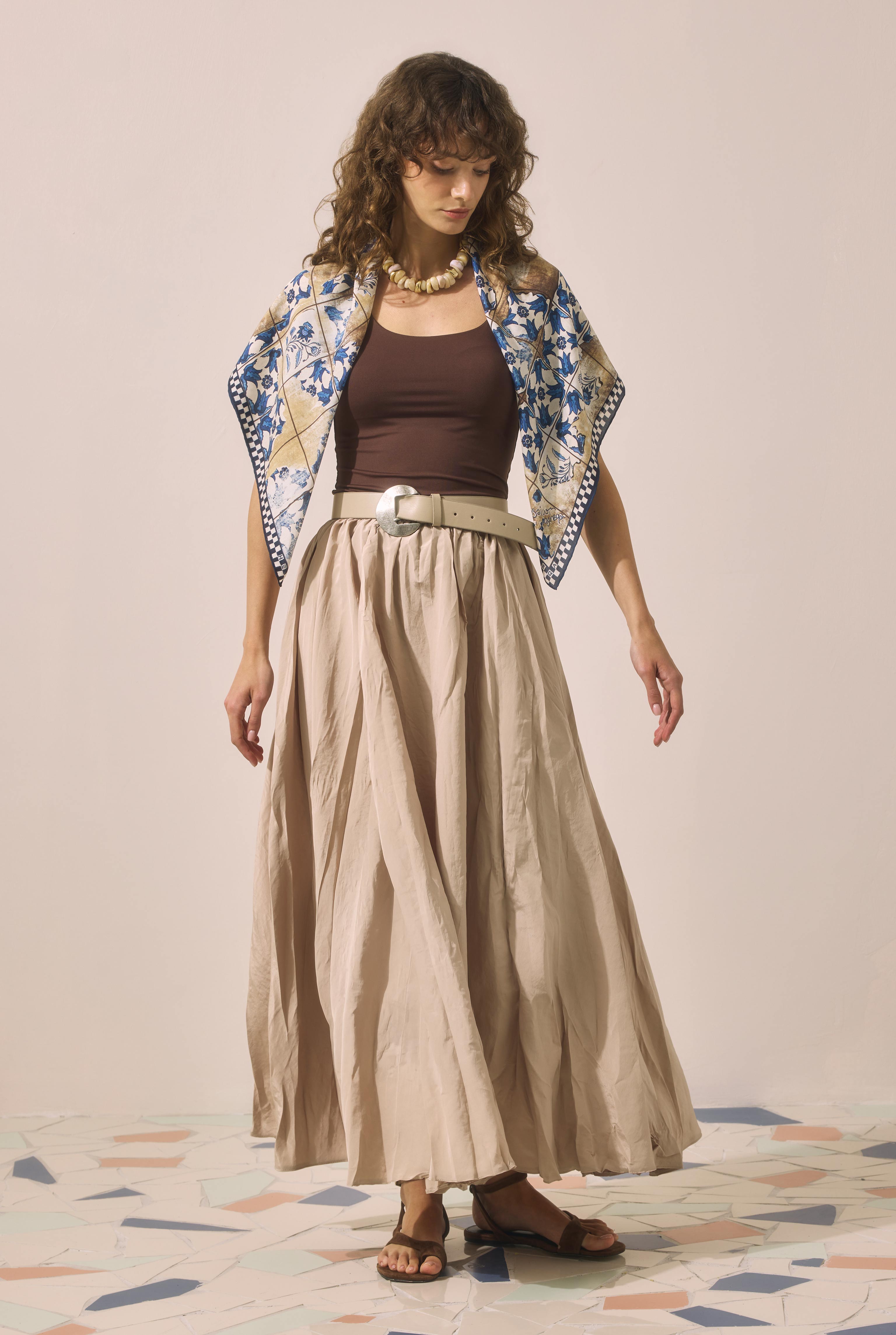 Colorful Crinkled Skirt Beige - 3
