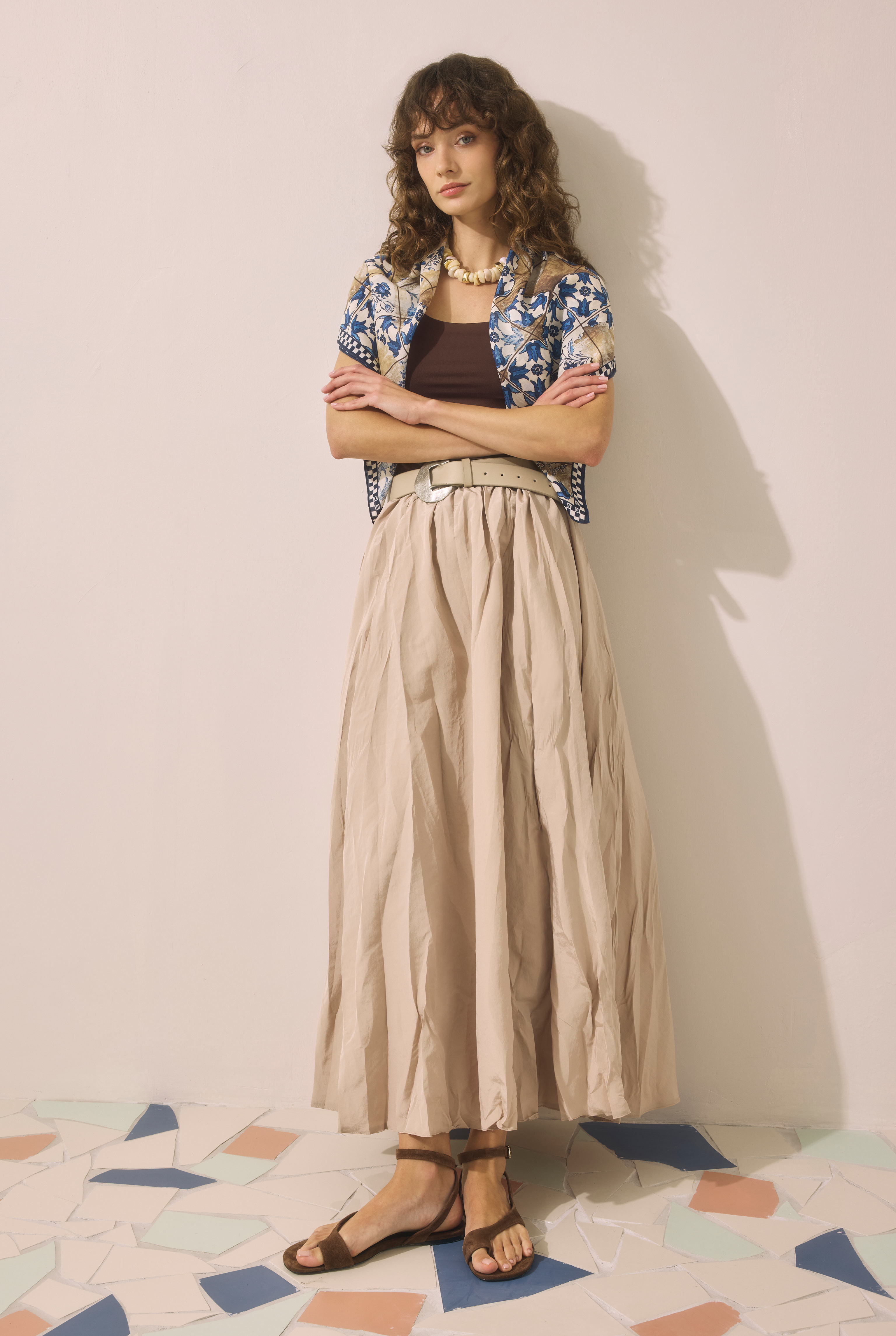 Colorful Crinkled Skirt Beige - HE-QA