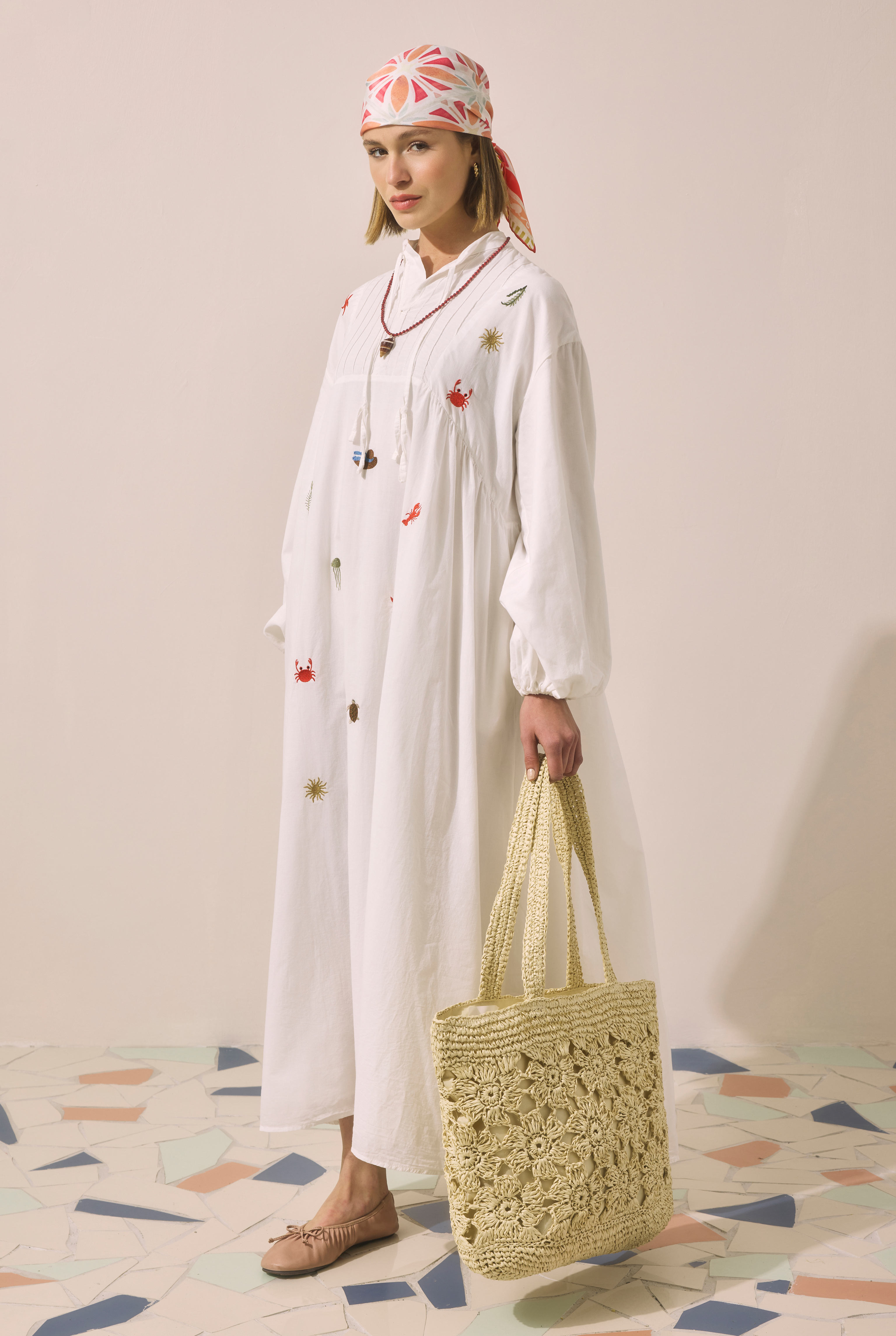 Flower Motif Straw Bag Beige - 6
