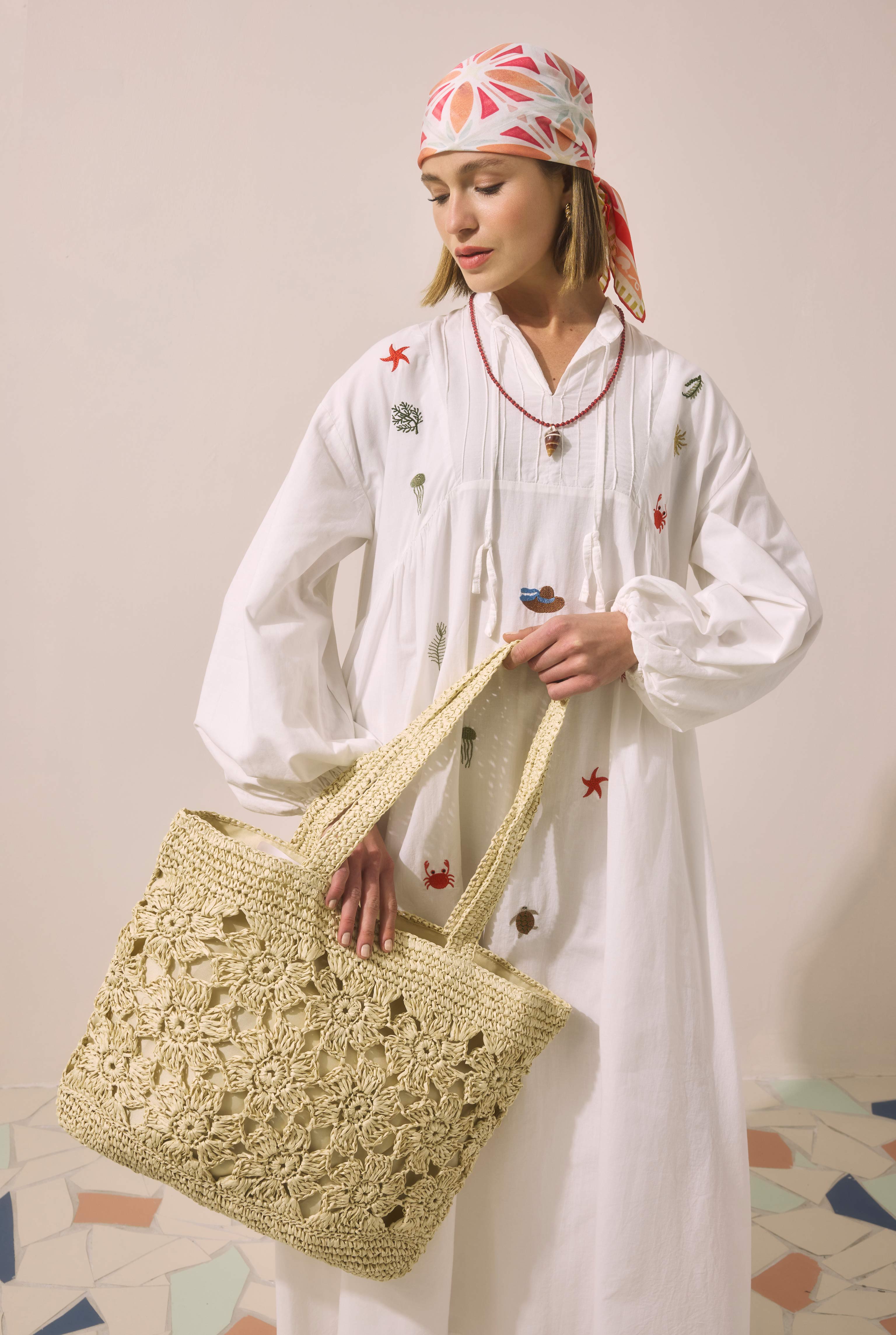 Flower Motif Straw Bag Beige - 8