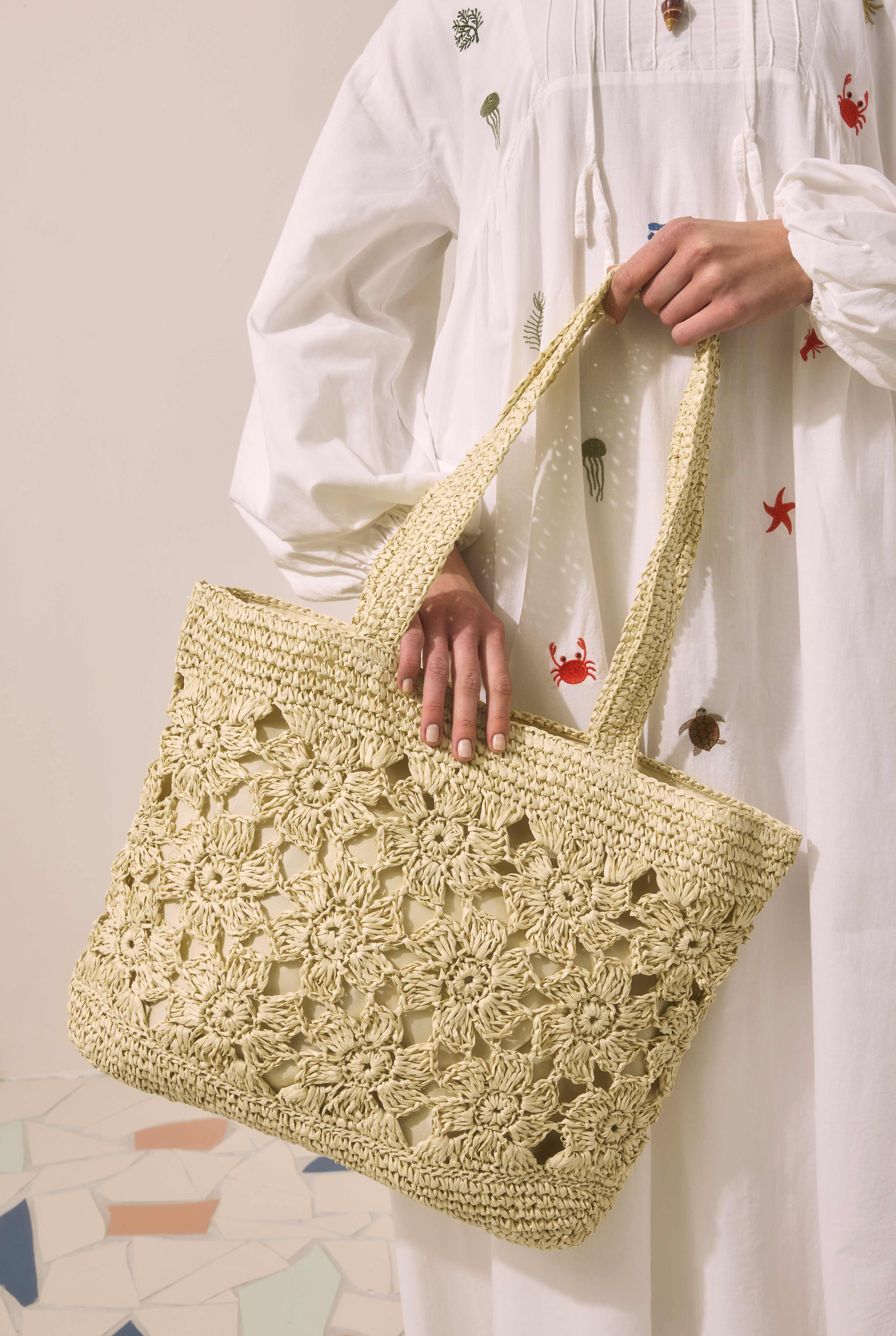Flower Motif Straw Bag Beige - 9