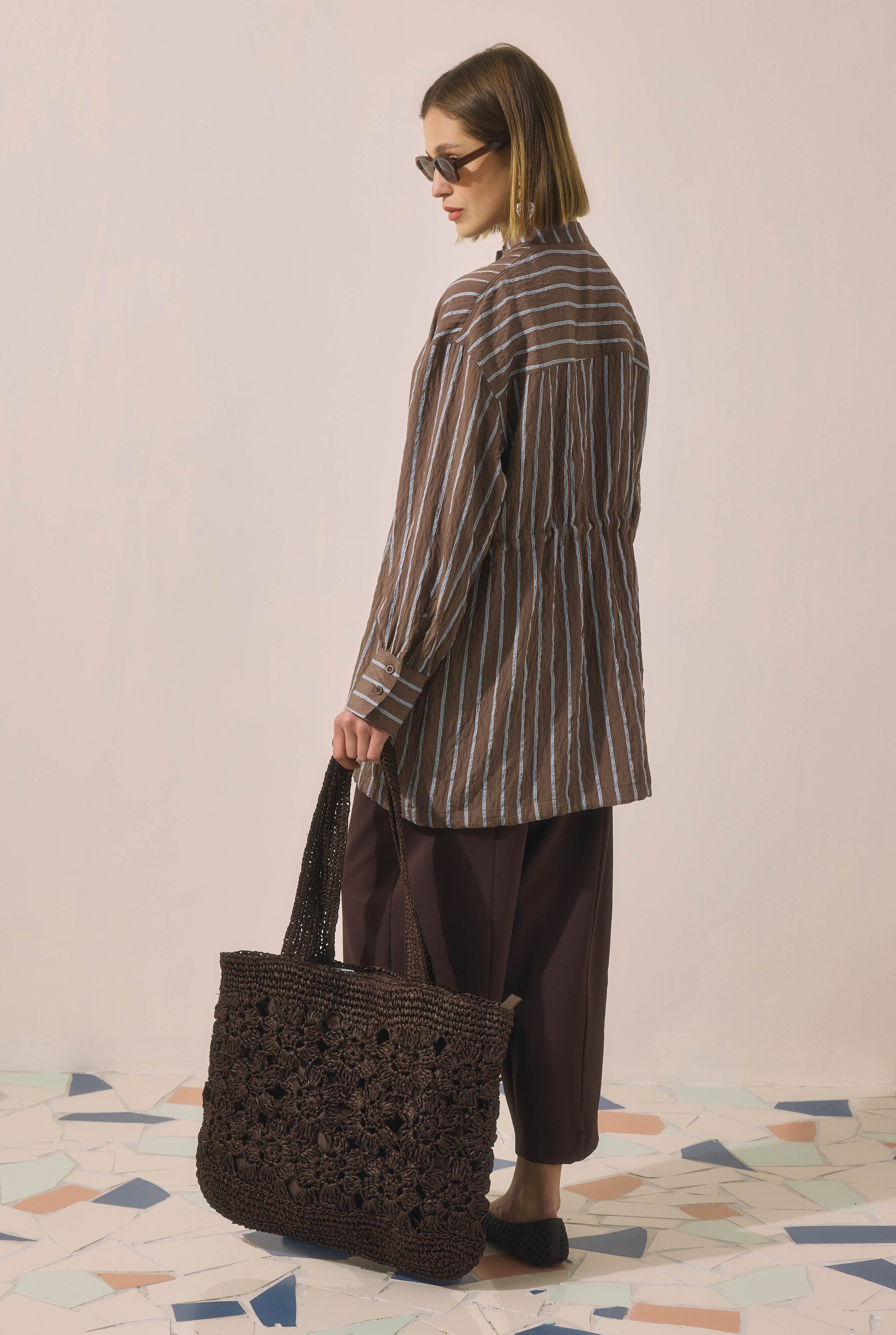 Flower Motif Straw Bag Brown - 5