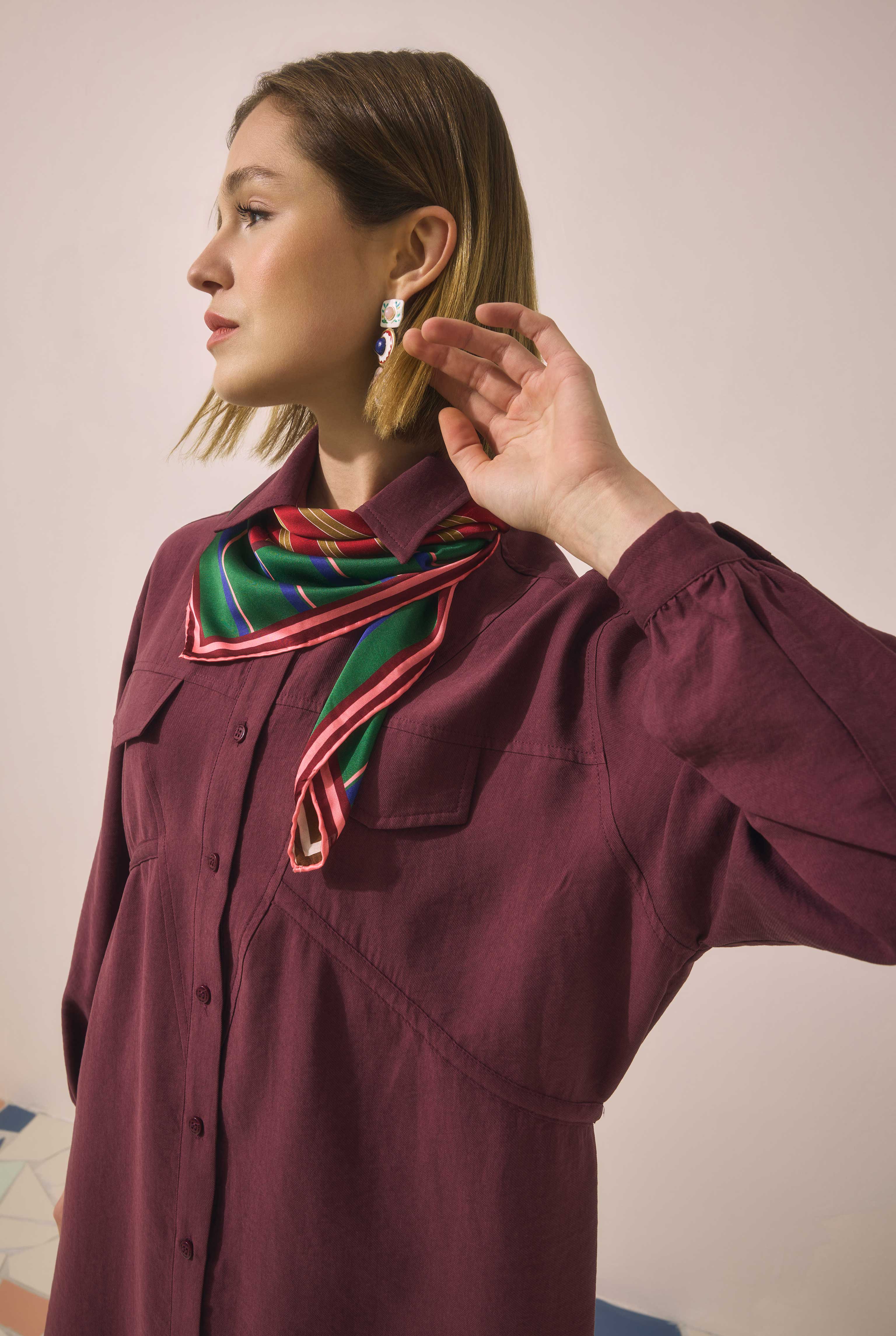 Long Ruched Detail Shirt Damson - 4