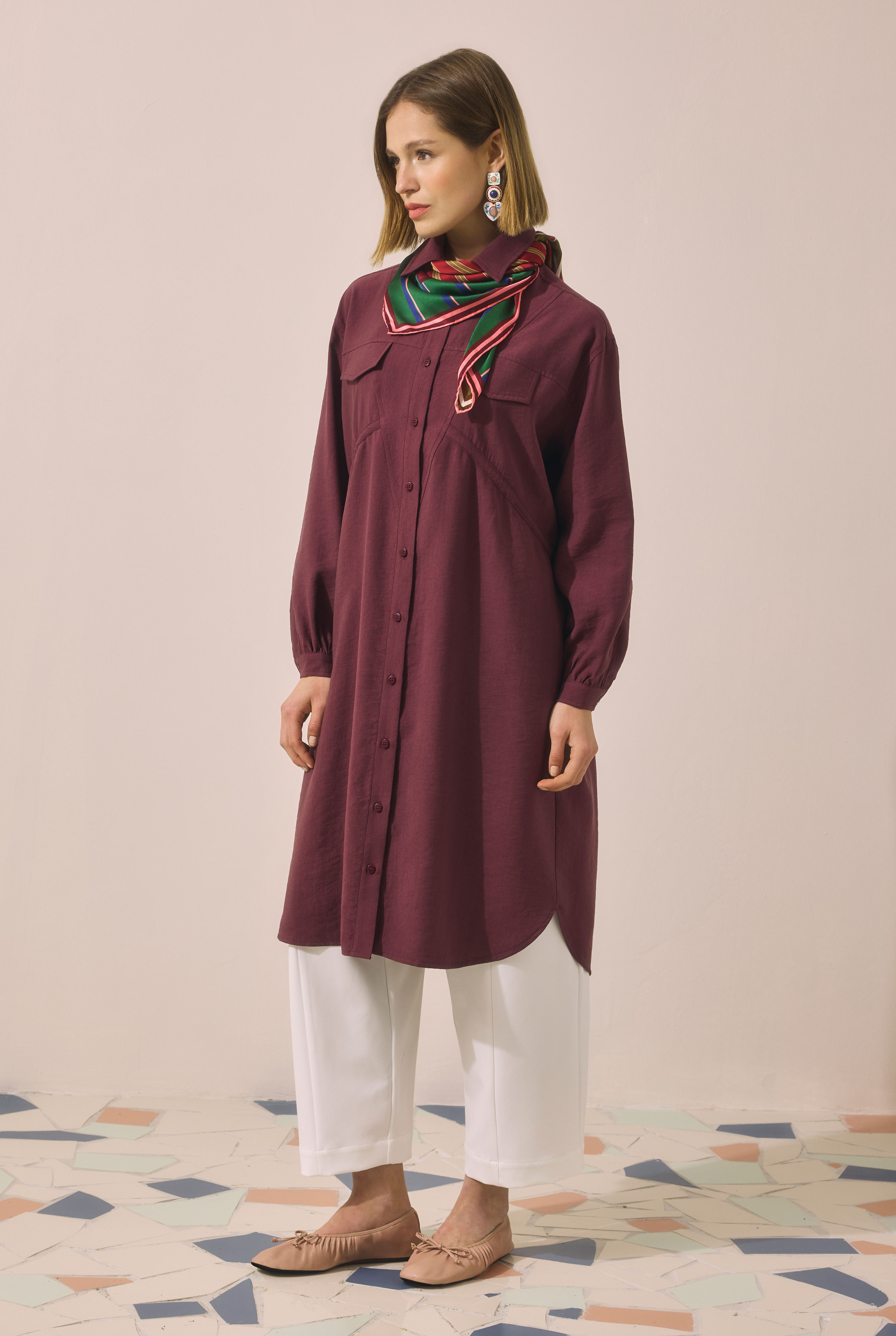 Long Ruched Detail Shirt Damson - 2