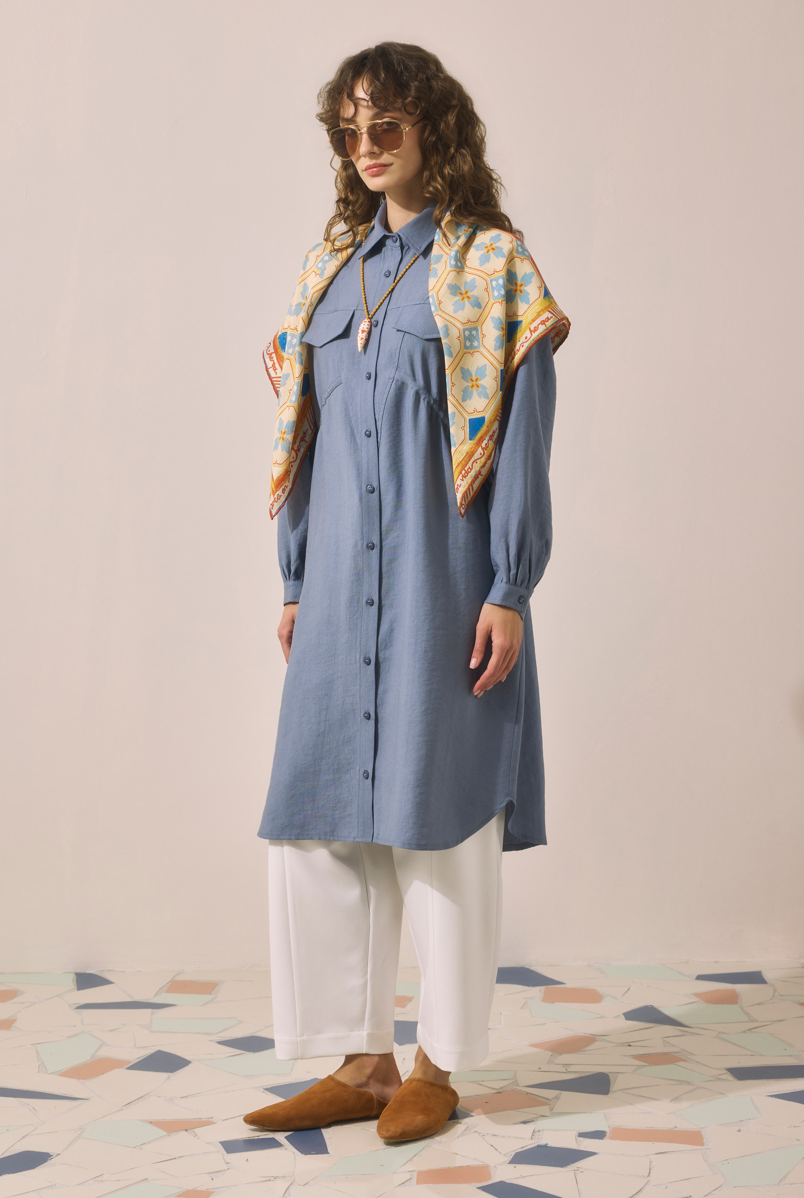 Long Ruched Detail Shirt Lavender Blue - 3