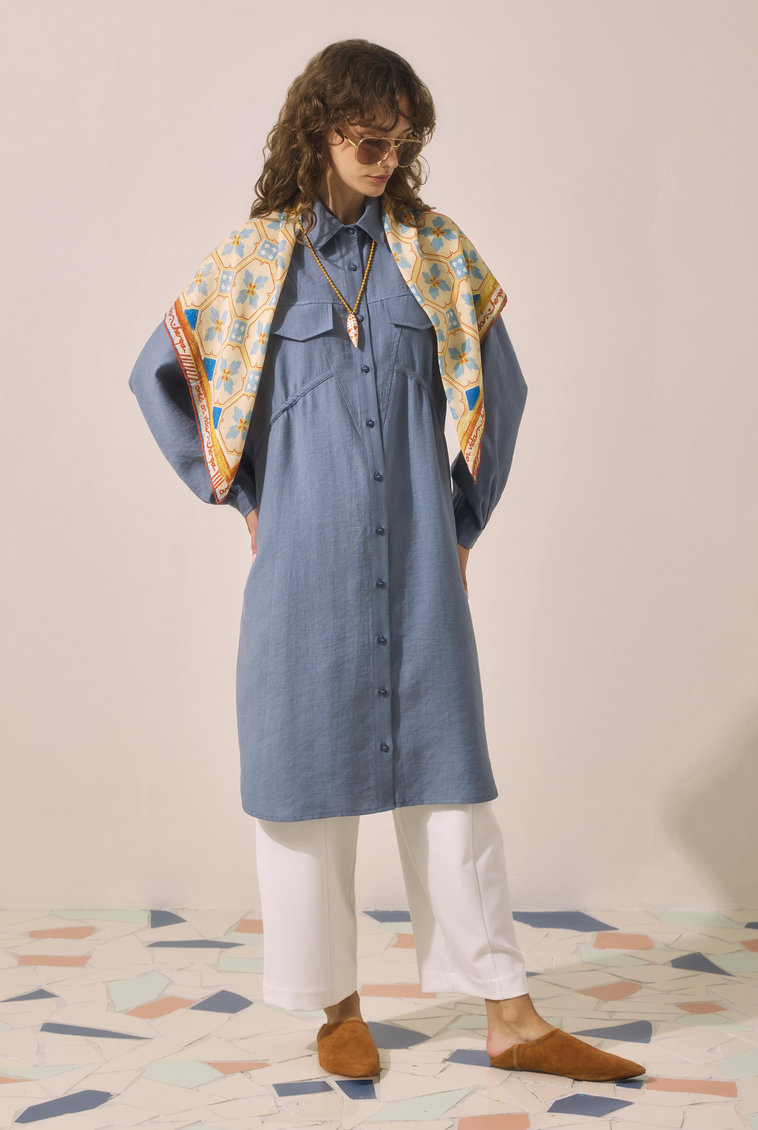 Long Ruched Detail Shirt Lavender Blue - 4