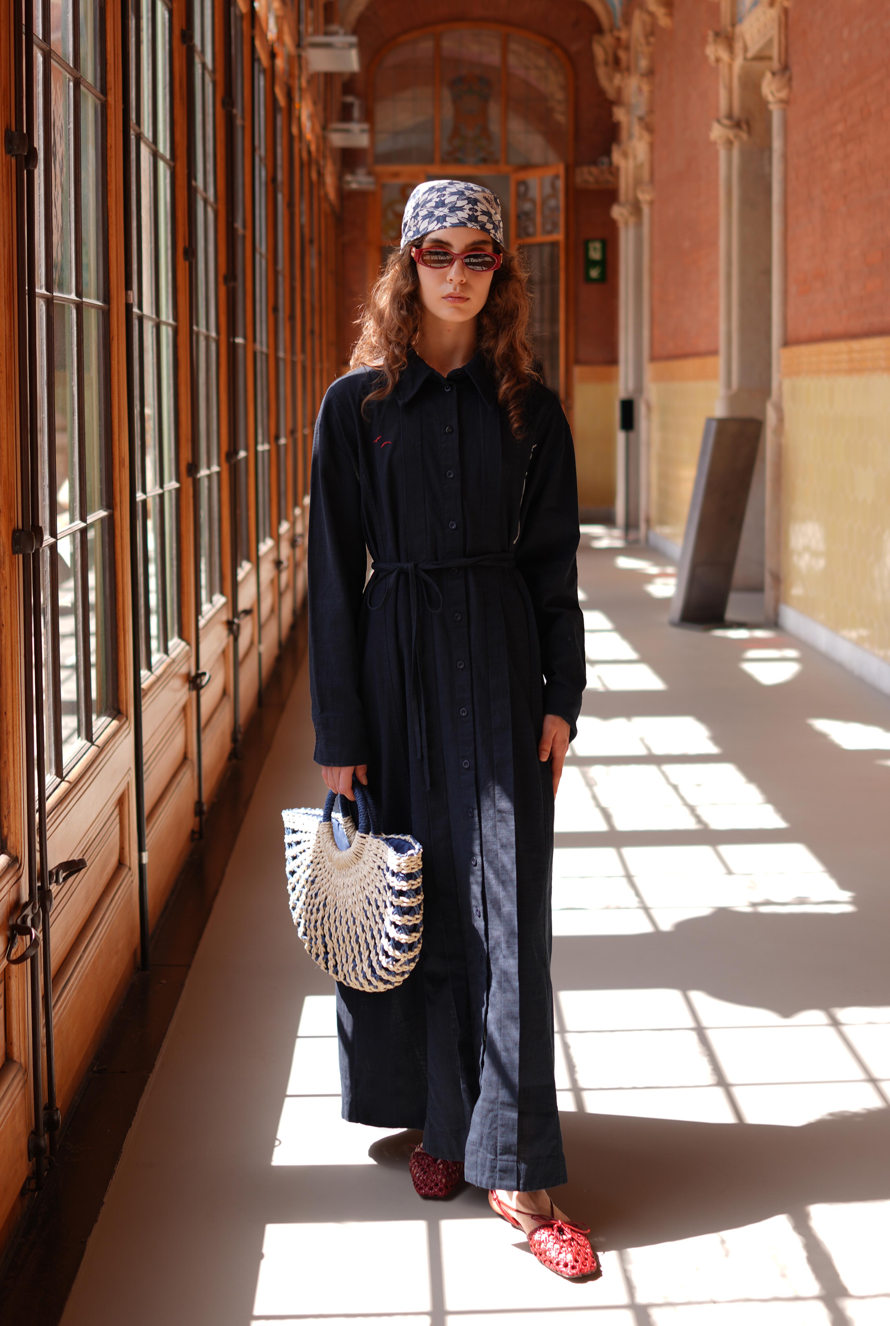 Embroidered Cotton Dress Navy Blue - 5