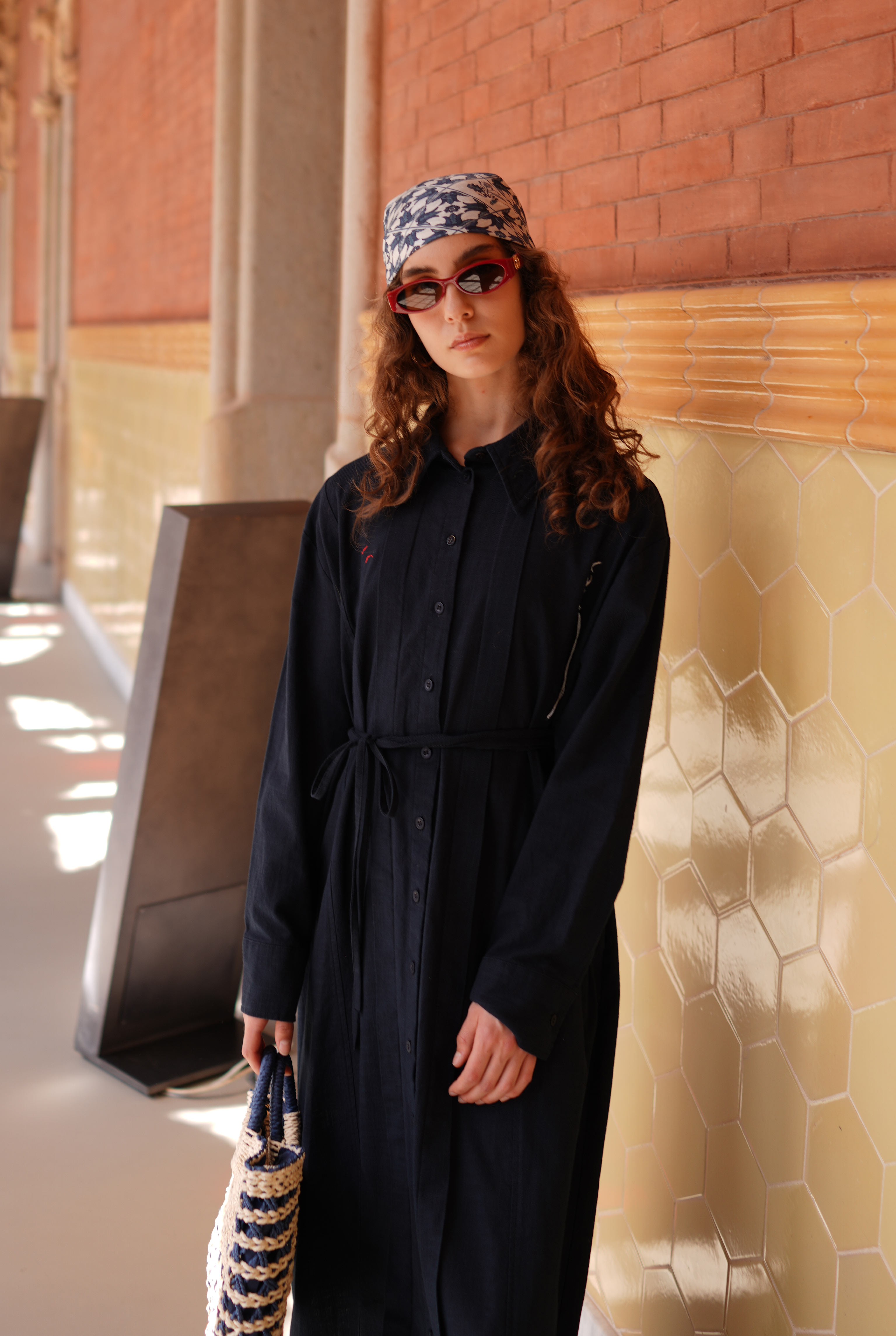 Embroidered Cotton Dress Navy Blue - 6