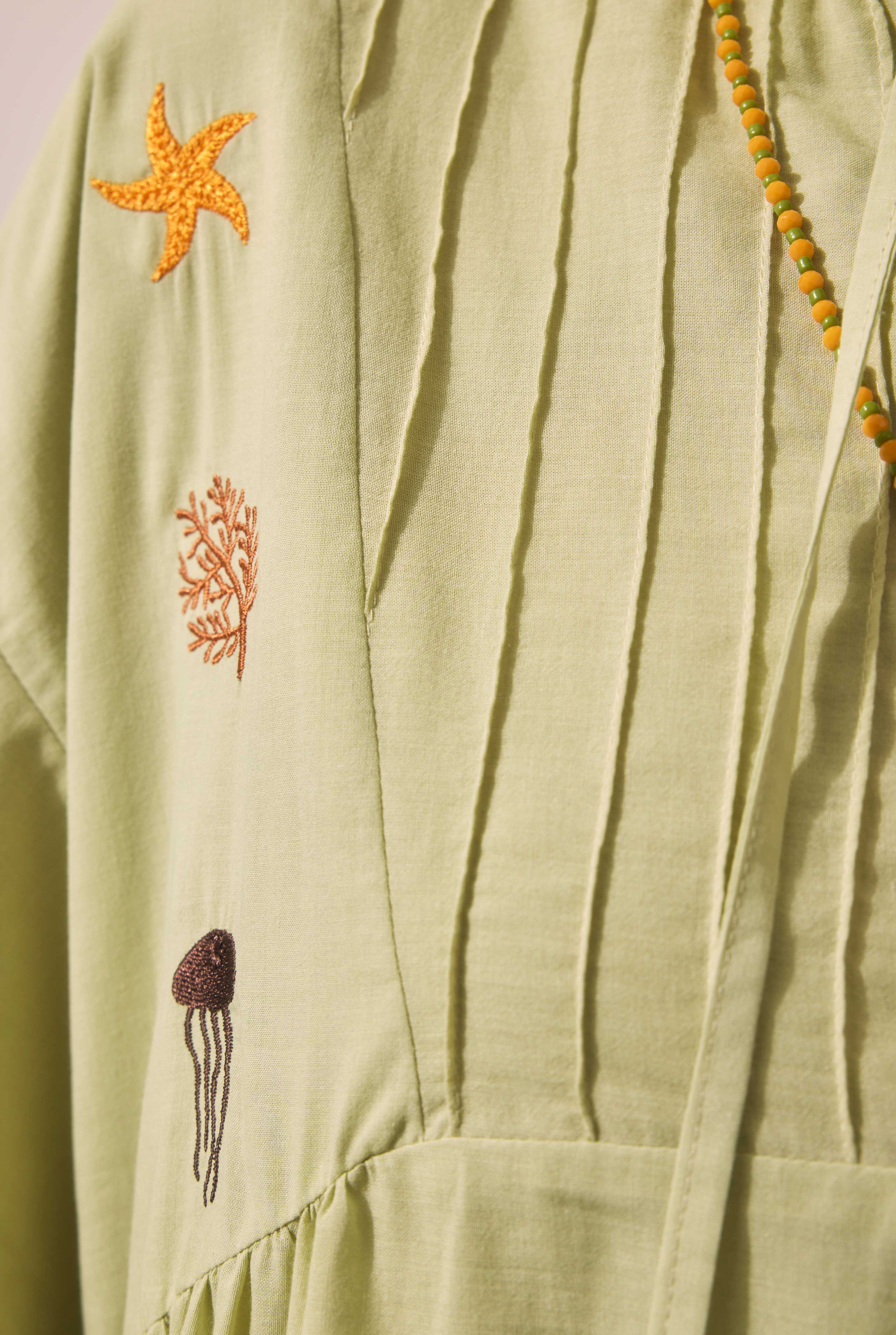 Natural Embroidered Voile Dress Light Sage Green - 3