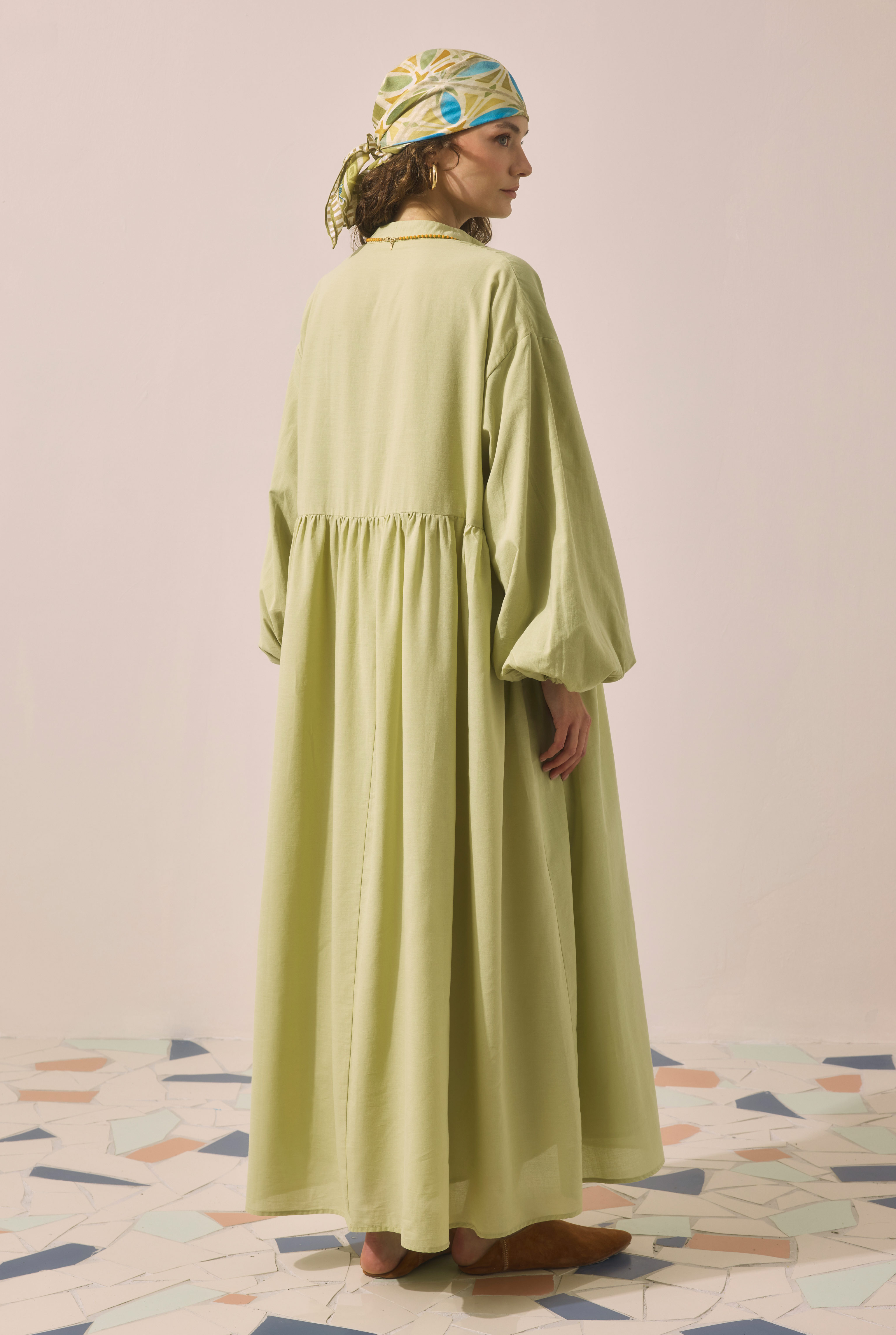 Natural Embroidered Voile Dress Light Sage Green - 5