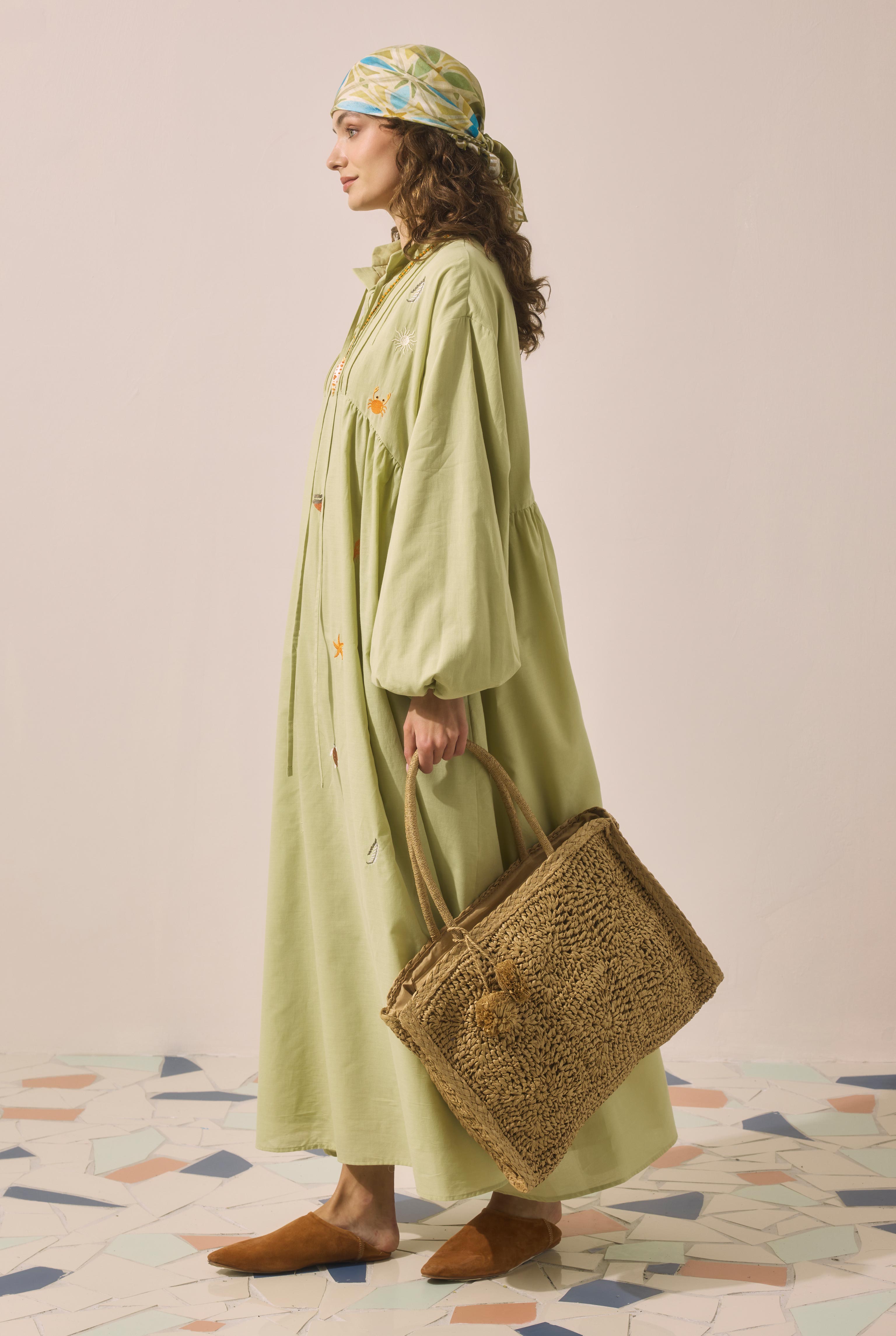 Natural Embroidered Voile Dress Light Sage Green - 4