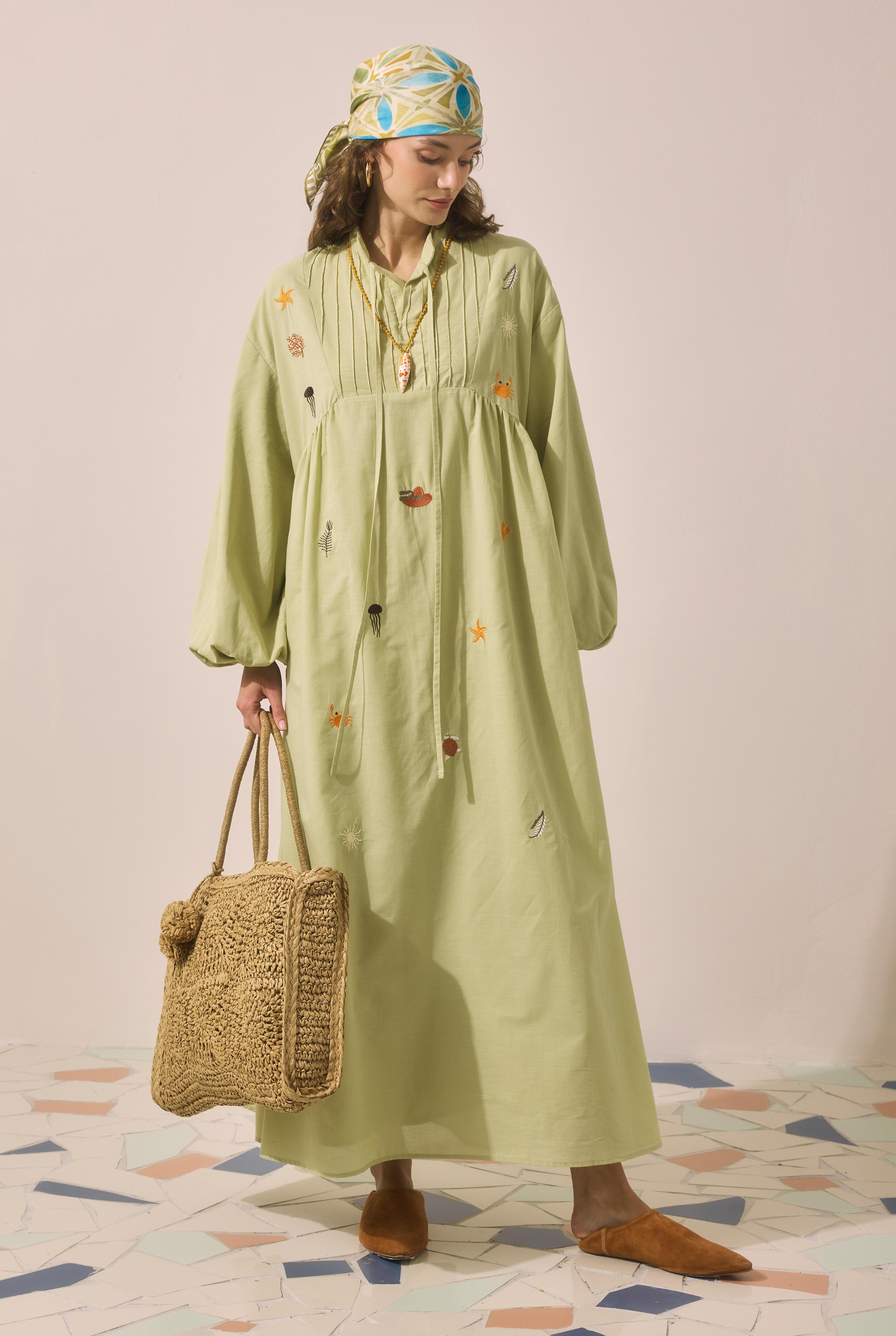 Natural Embroidered Voile Dress Light Sage Green - HE-QA