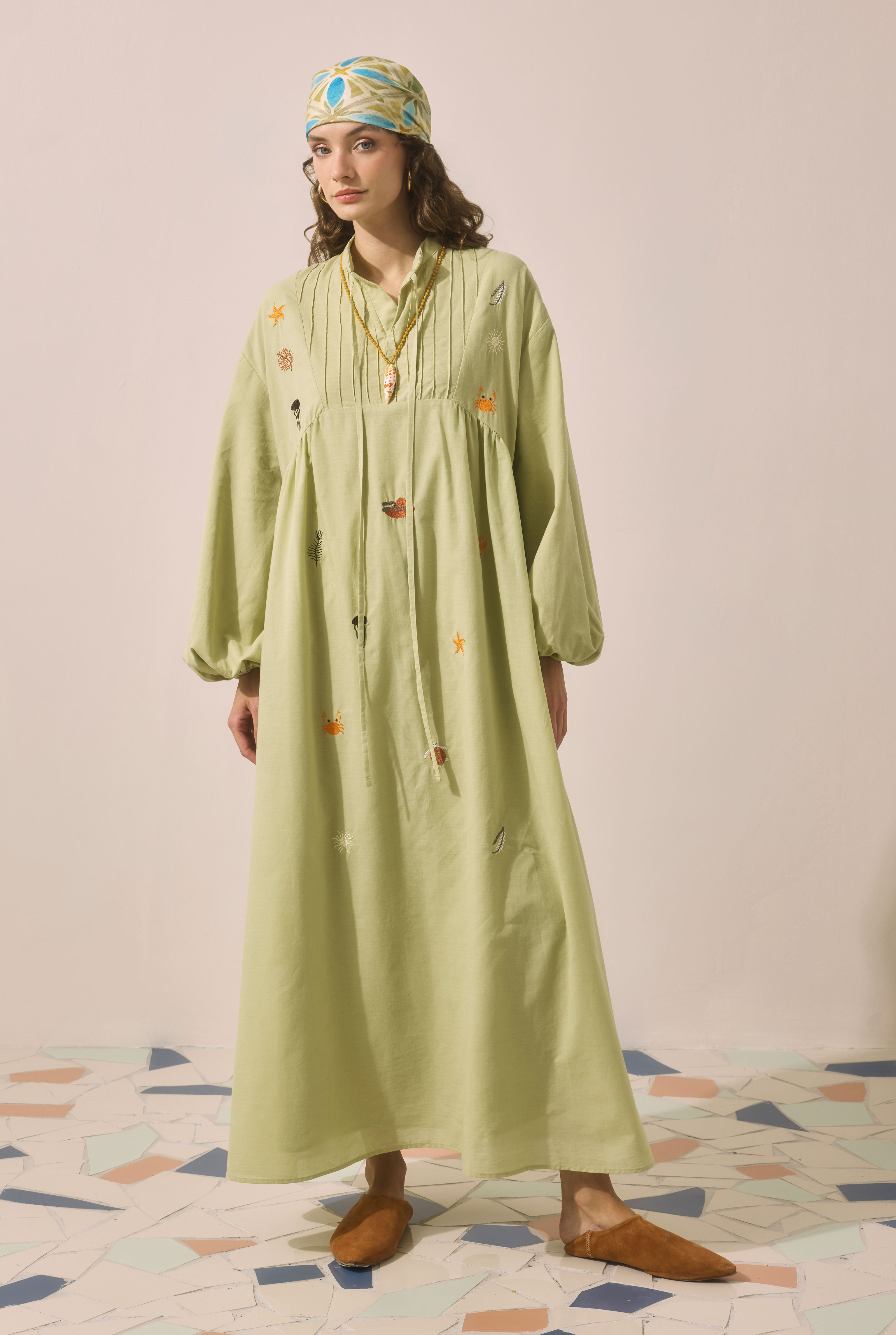 Natural Embroidered Voile Dress Light Sage Green - 2