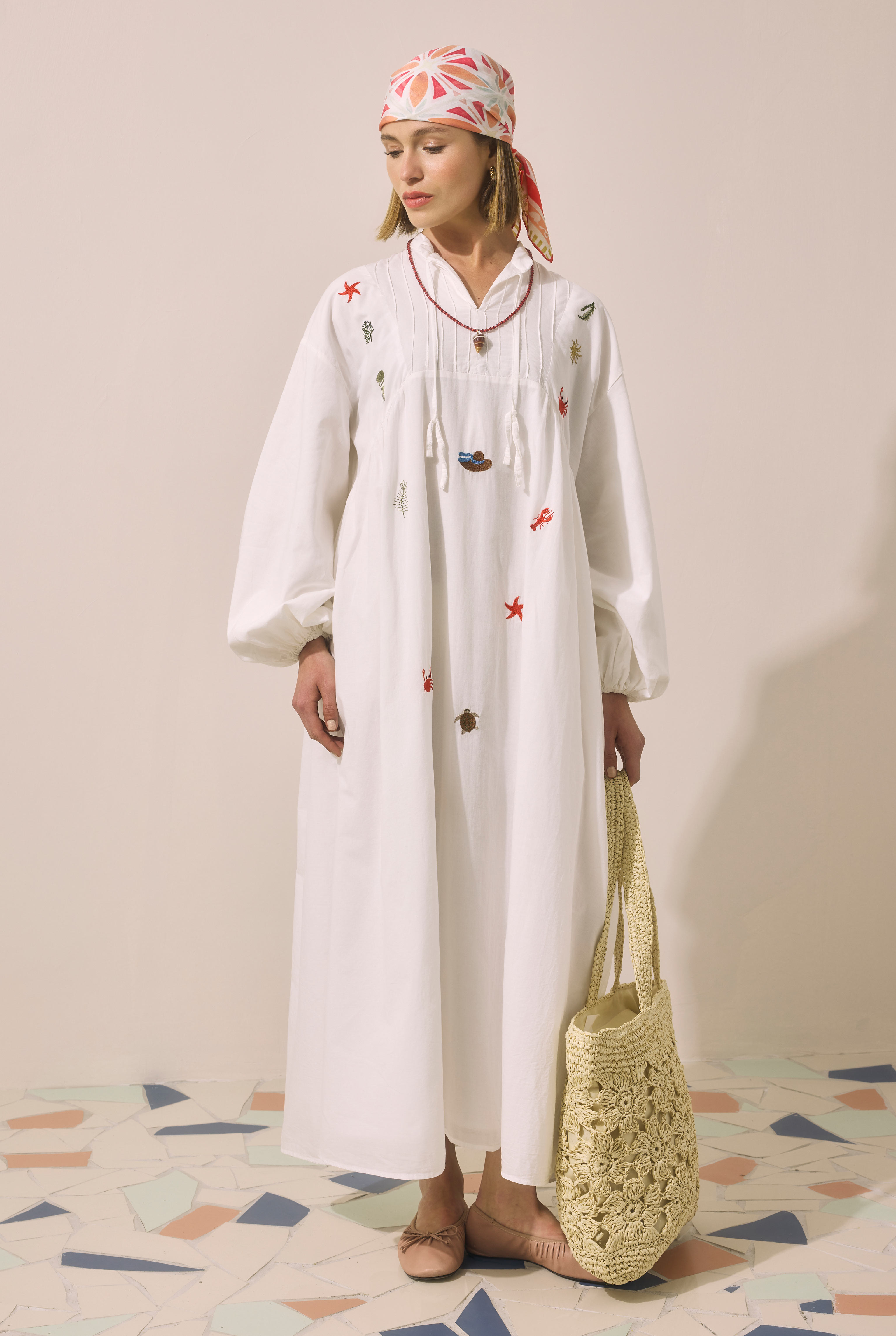 Natural Embroidered Voile Dress Bone - 4