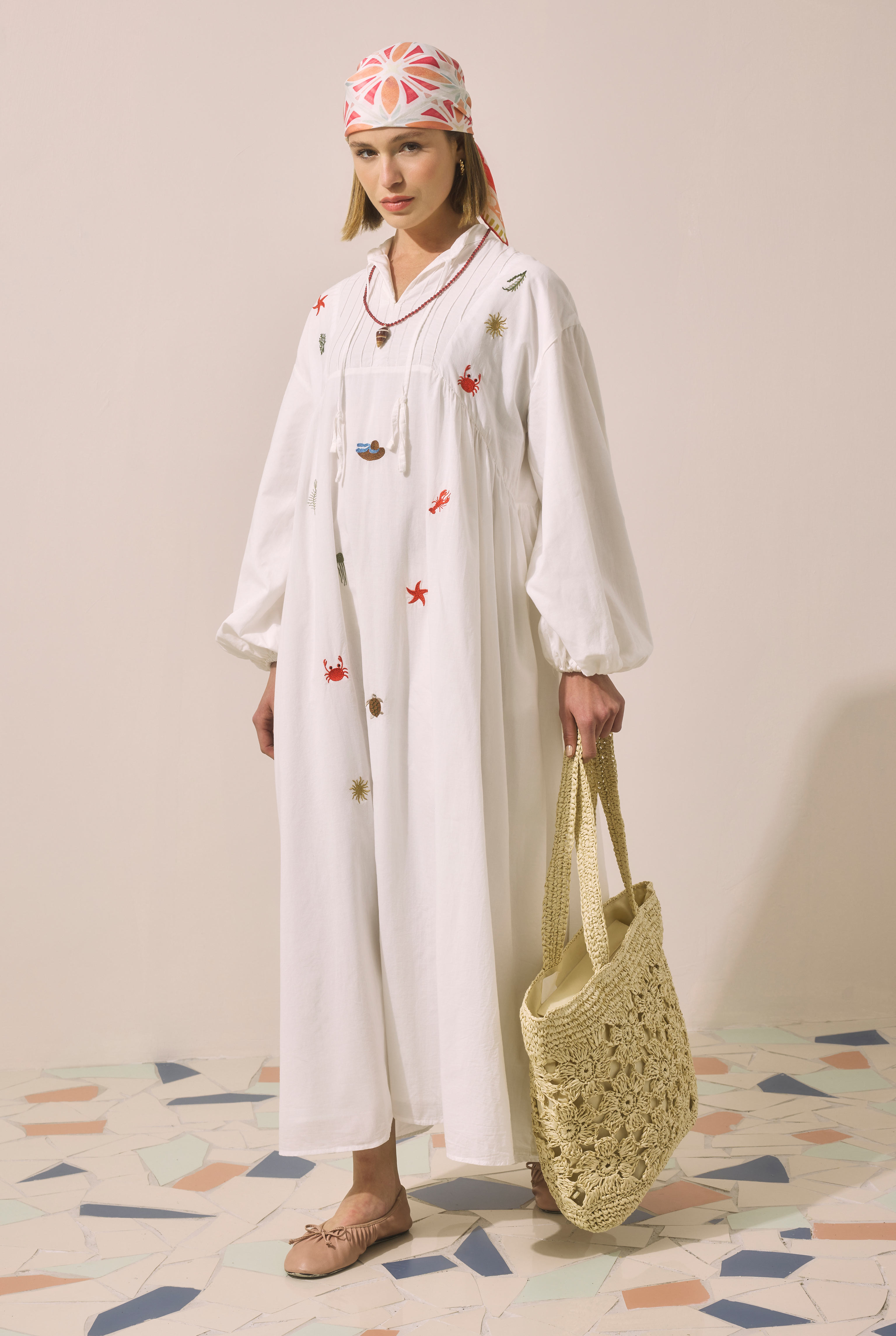 Natural Embroidered Voile Dress Bone - 2