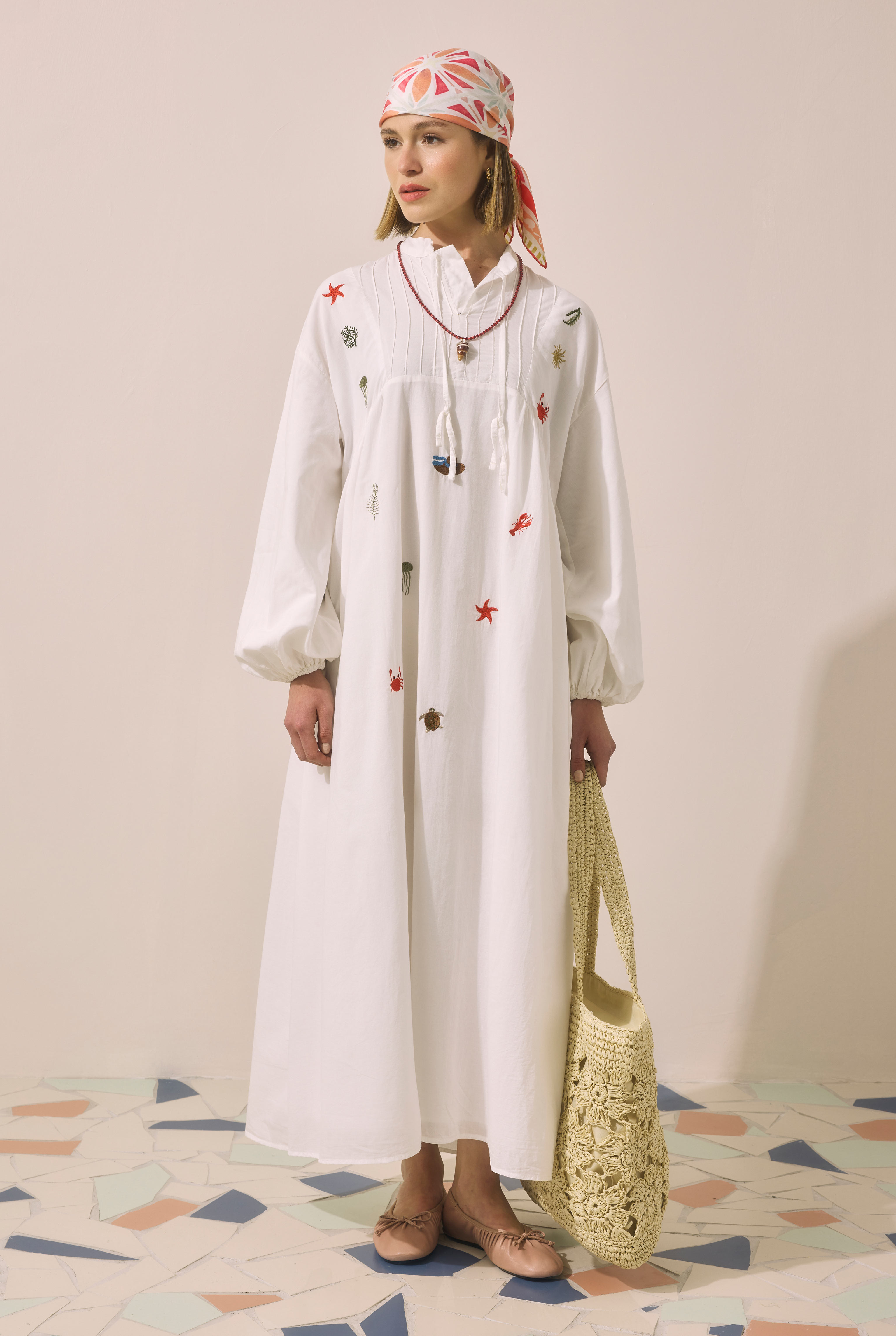 Natural Embroidered Voile Dress Bone - 6