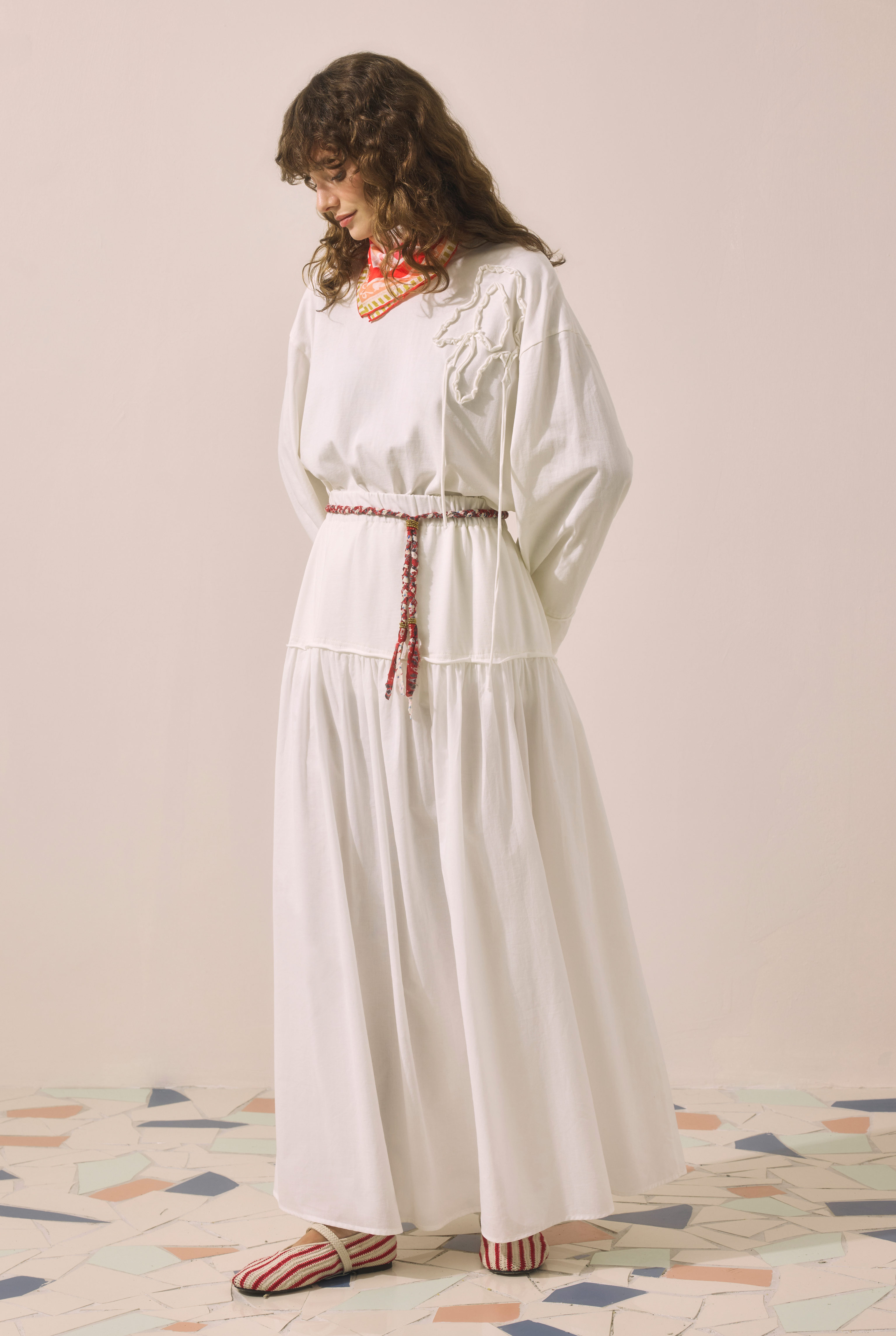 Yoke Detailed Voile Skirt Ecru - 3