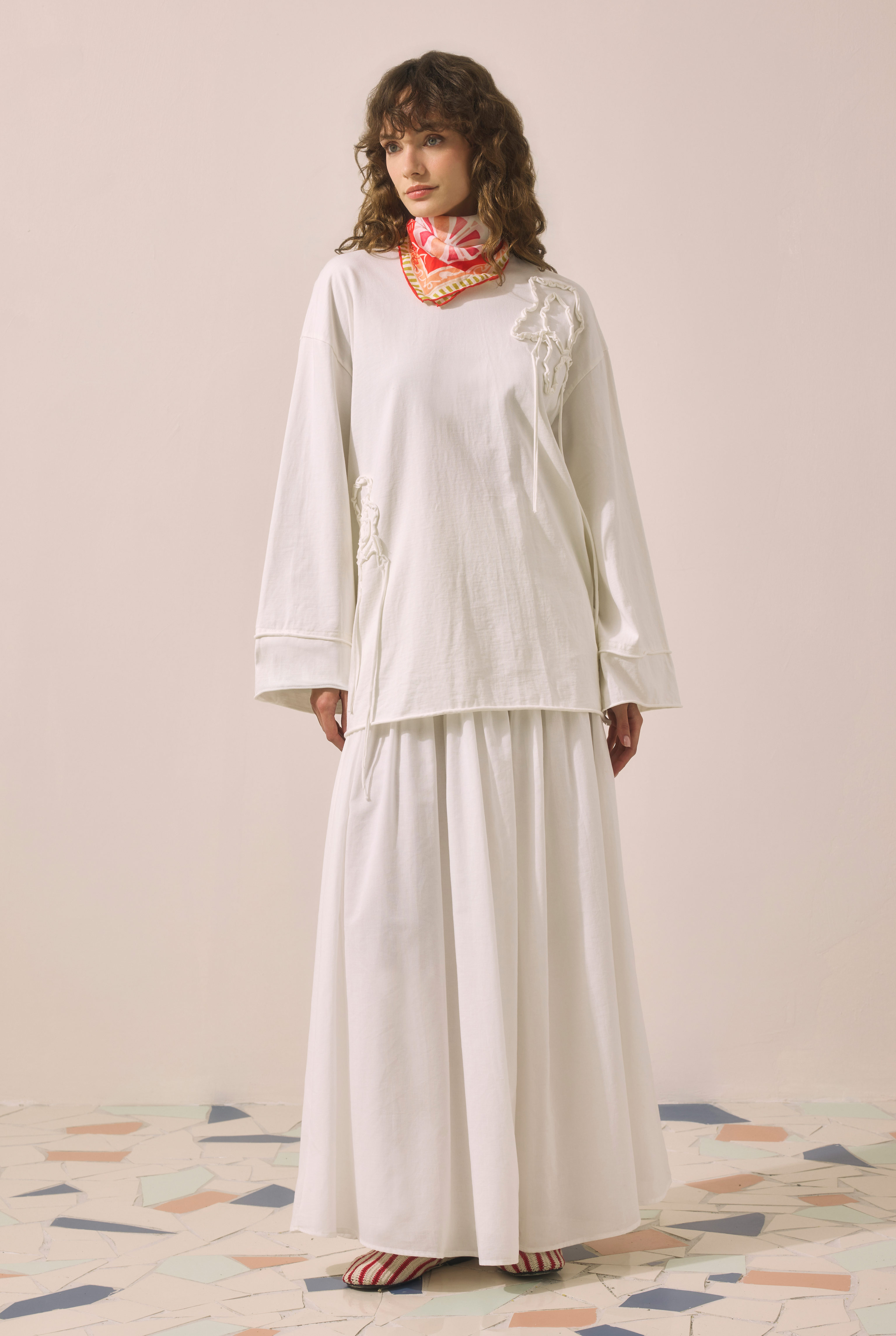 Yoke Detailed Voile Skirt Ecru - 5