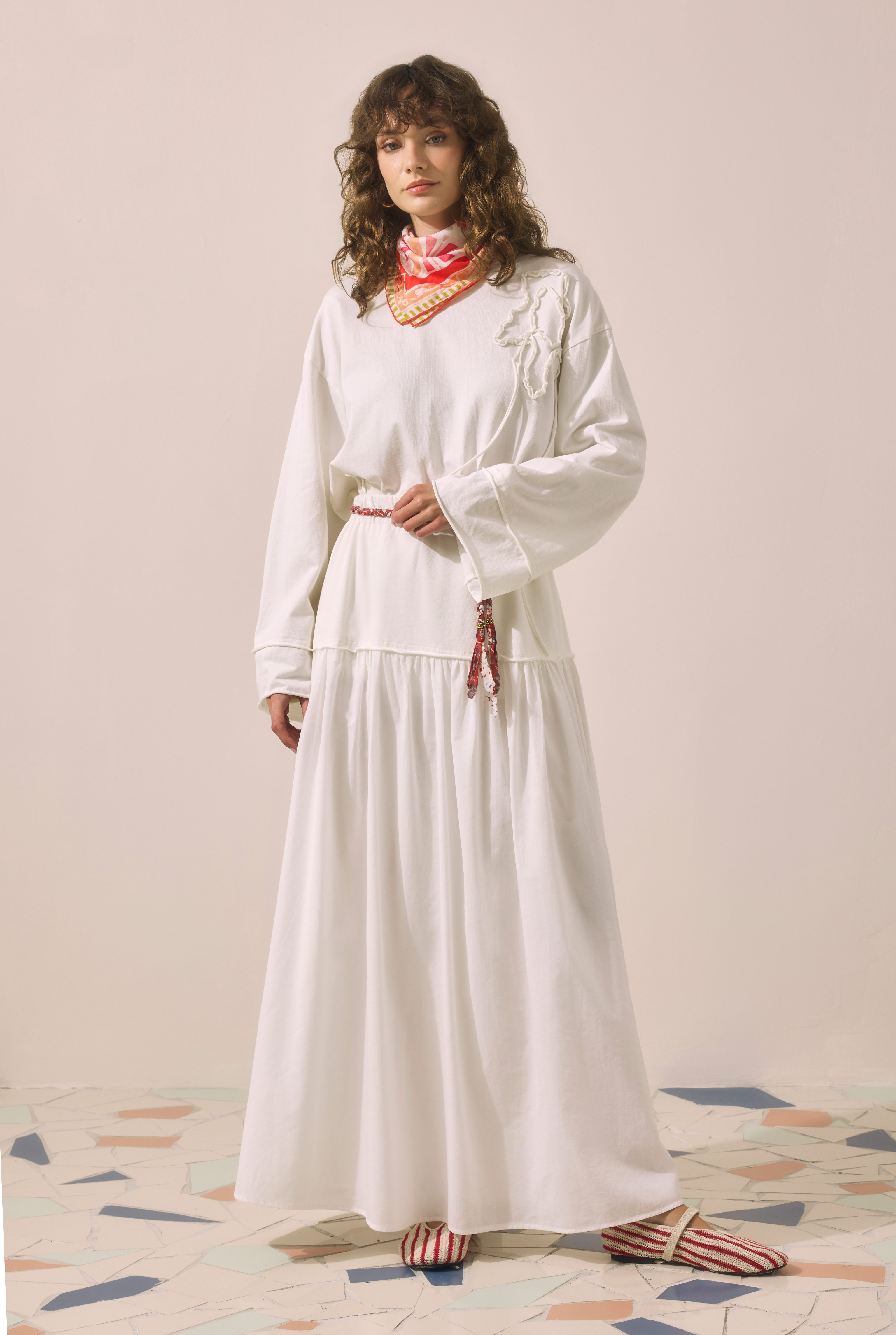 Yoke Detailed Voile Skirt Ecru - 2