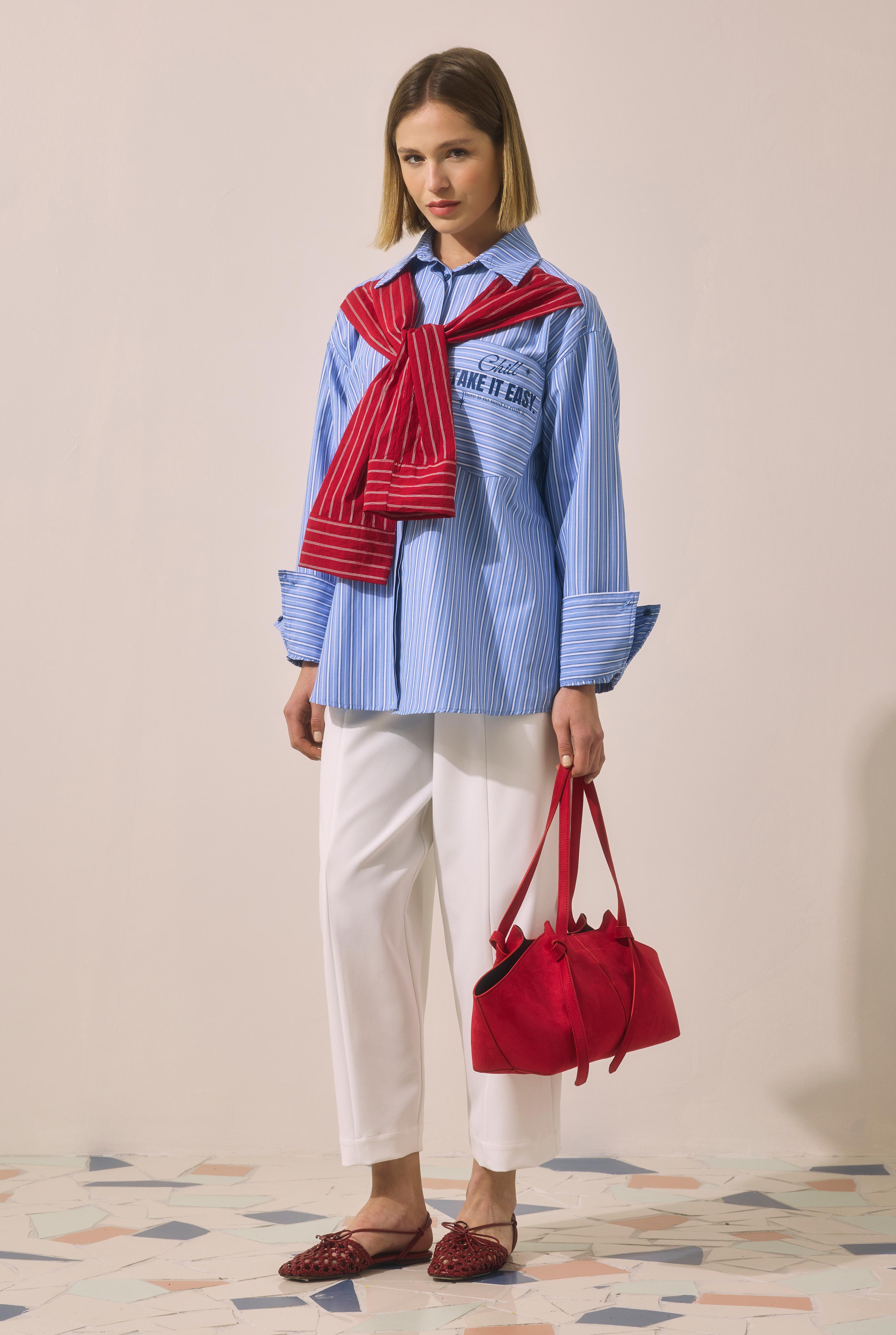 Scarf Detail Striped Shirt Blue - 4
