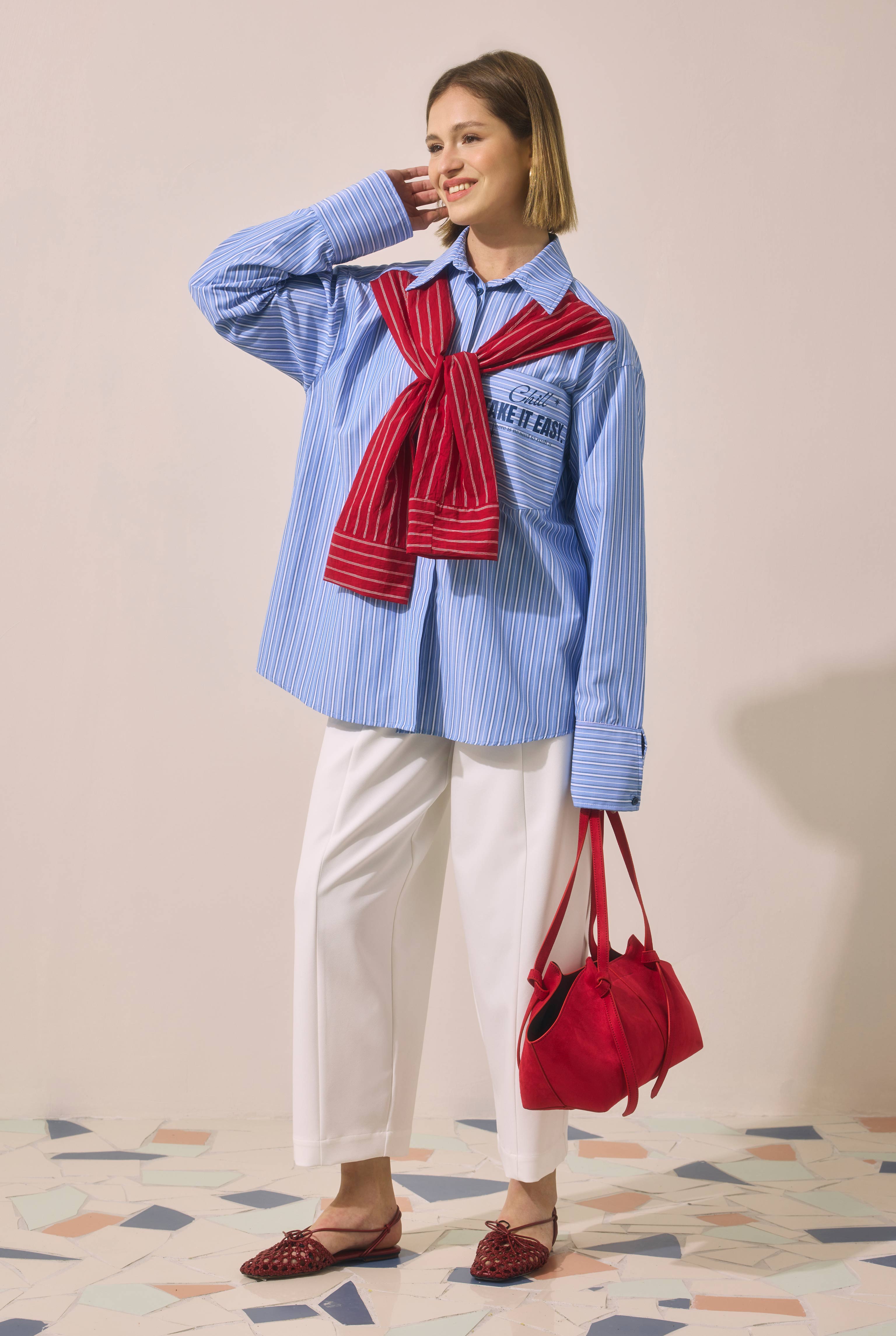 Scarf Detail Striped Shirt Blue - 1