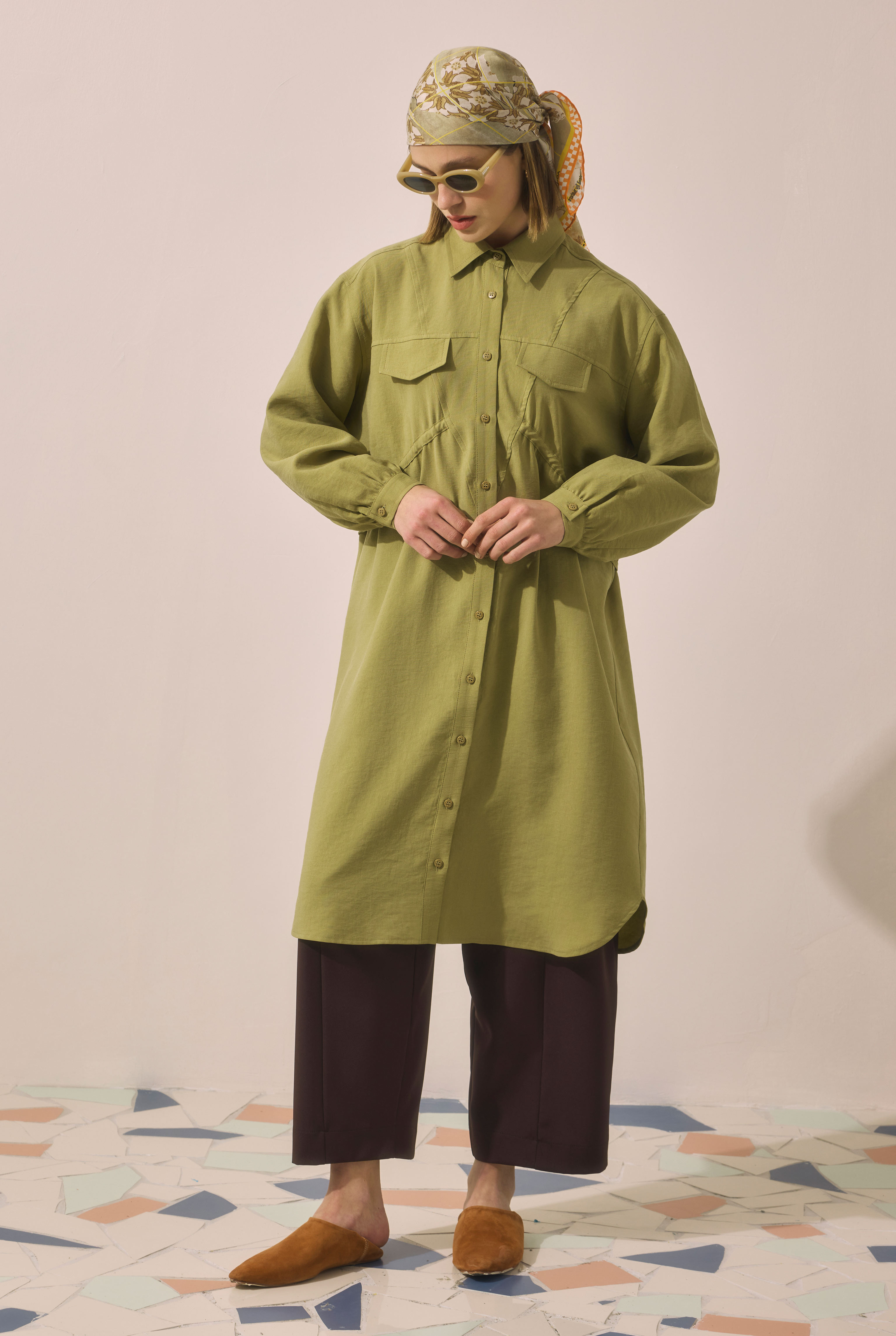 Long Ruched Detail Shirt Oil Green - HE-QA