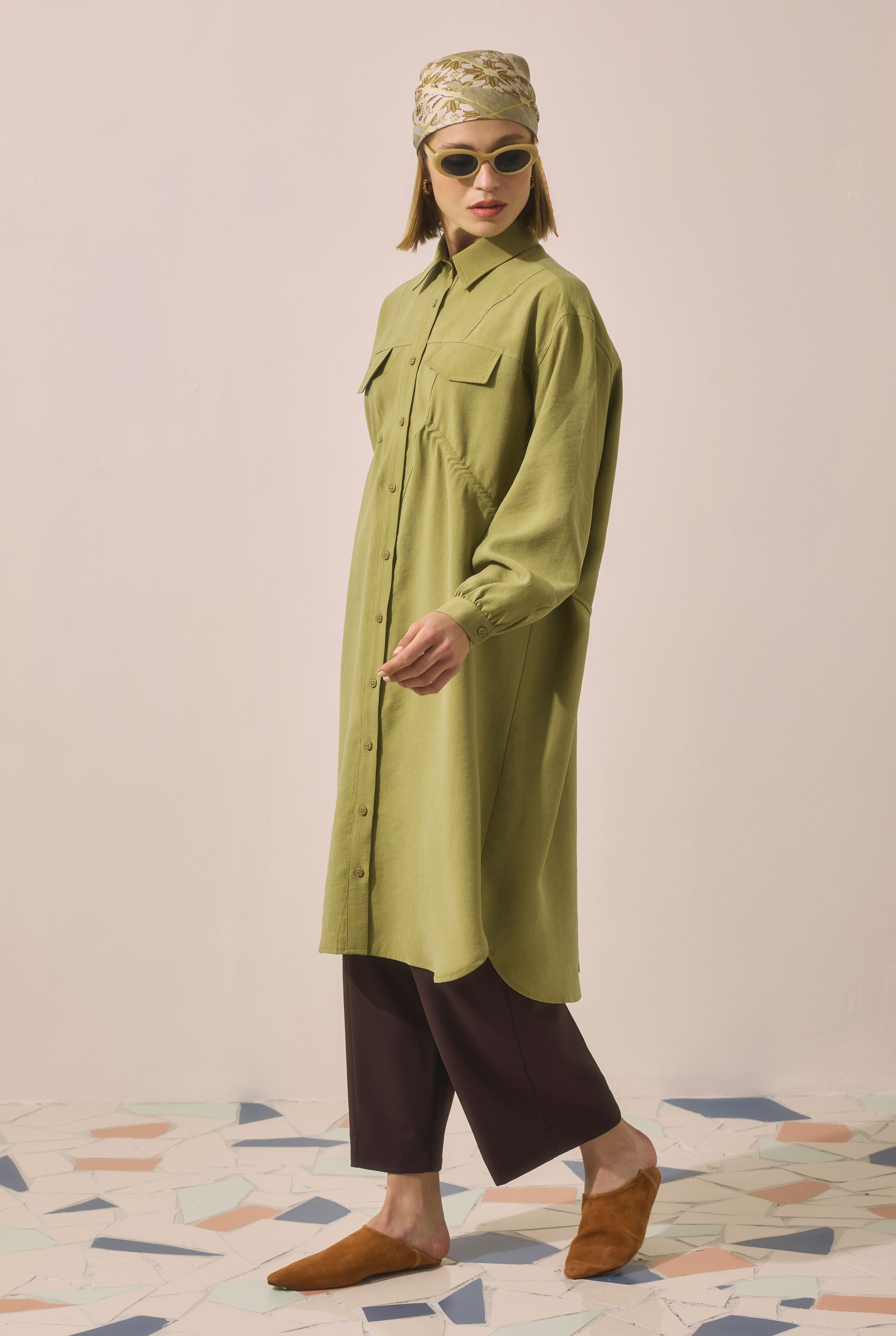 Long Ruched Detail Shirt Oil Green - 2