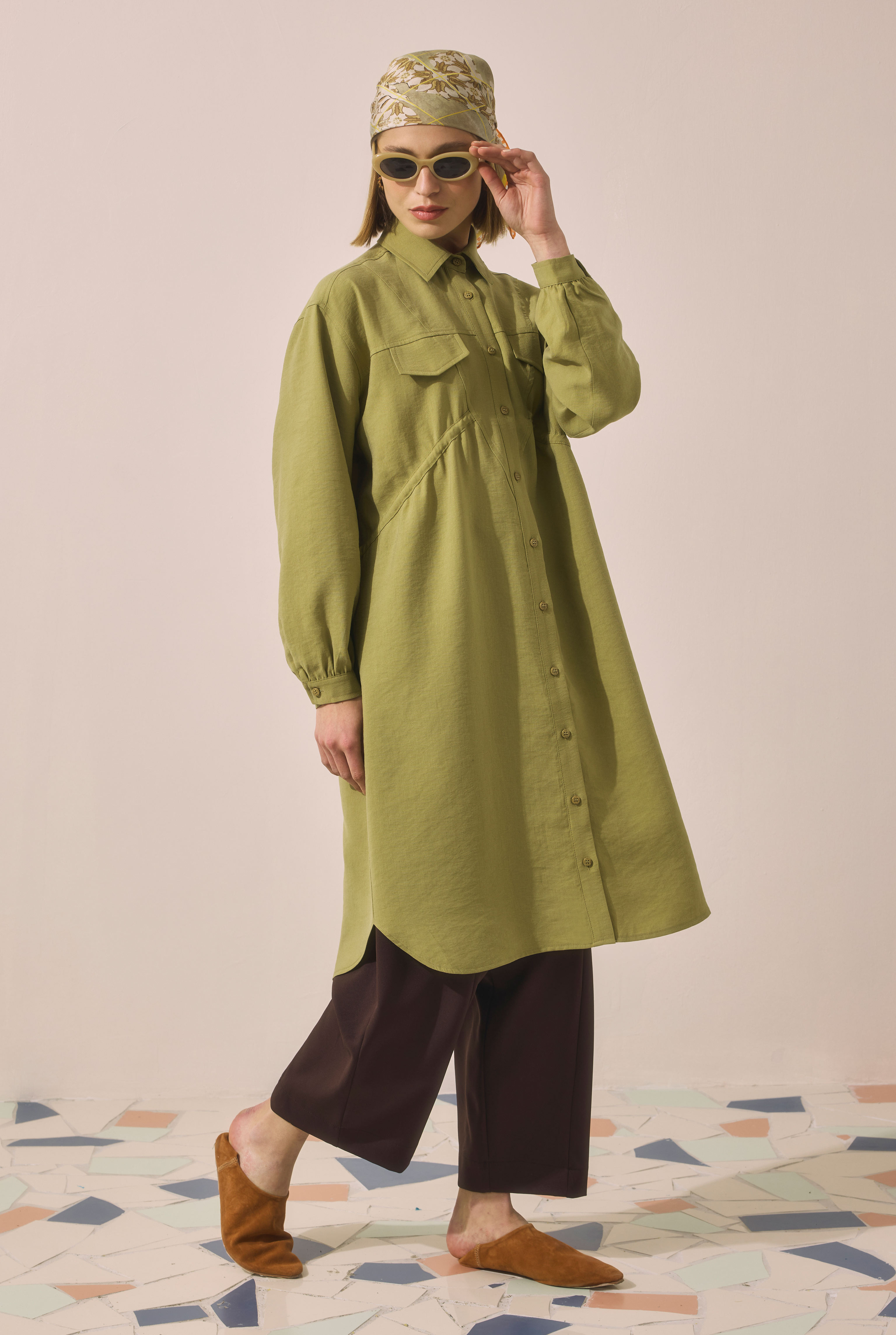 Long Ruched Detail Shirt Oil Green - 3