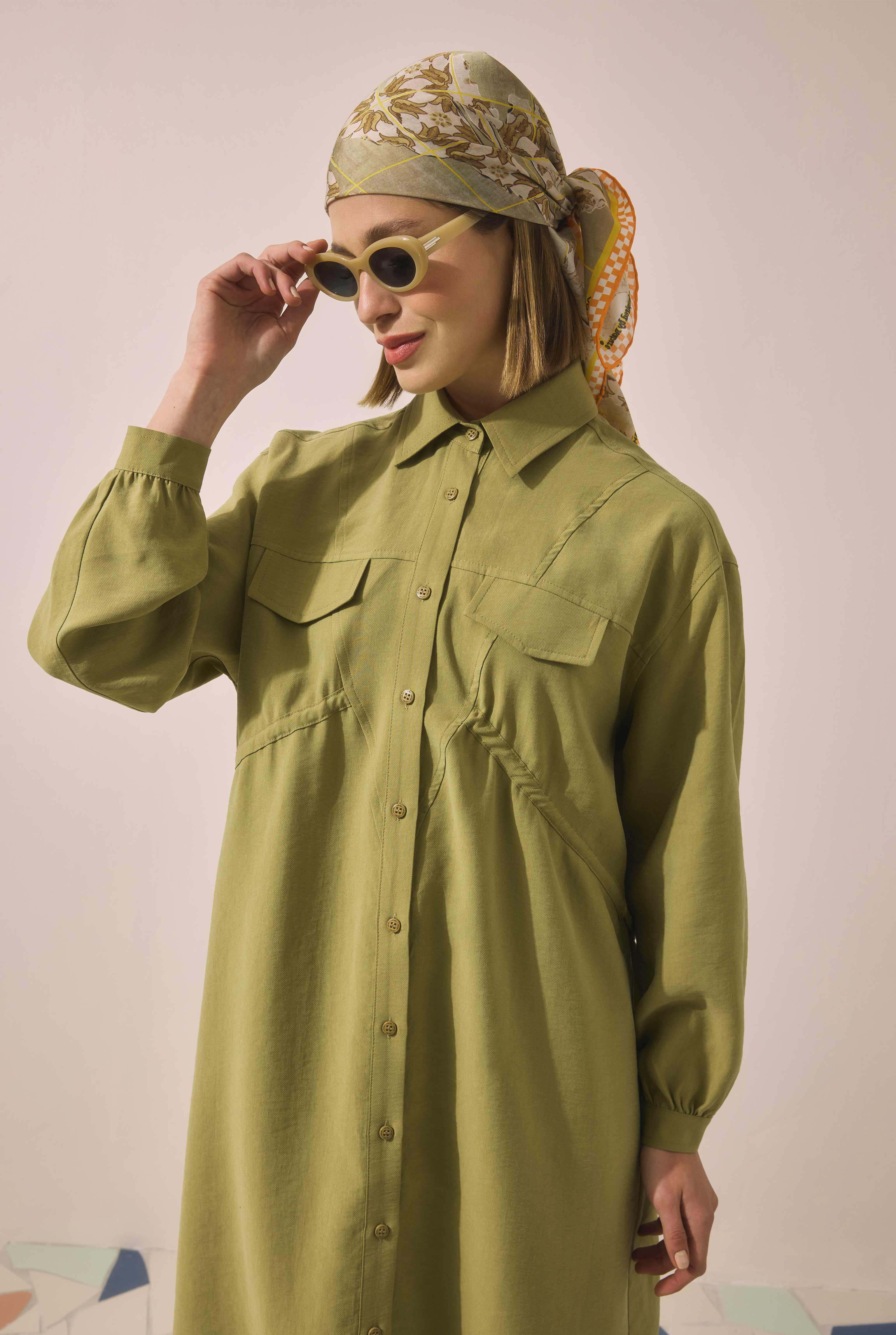 Long Ruched Detail Shirt Oil Green - 5