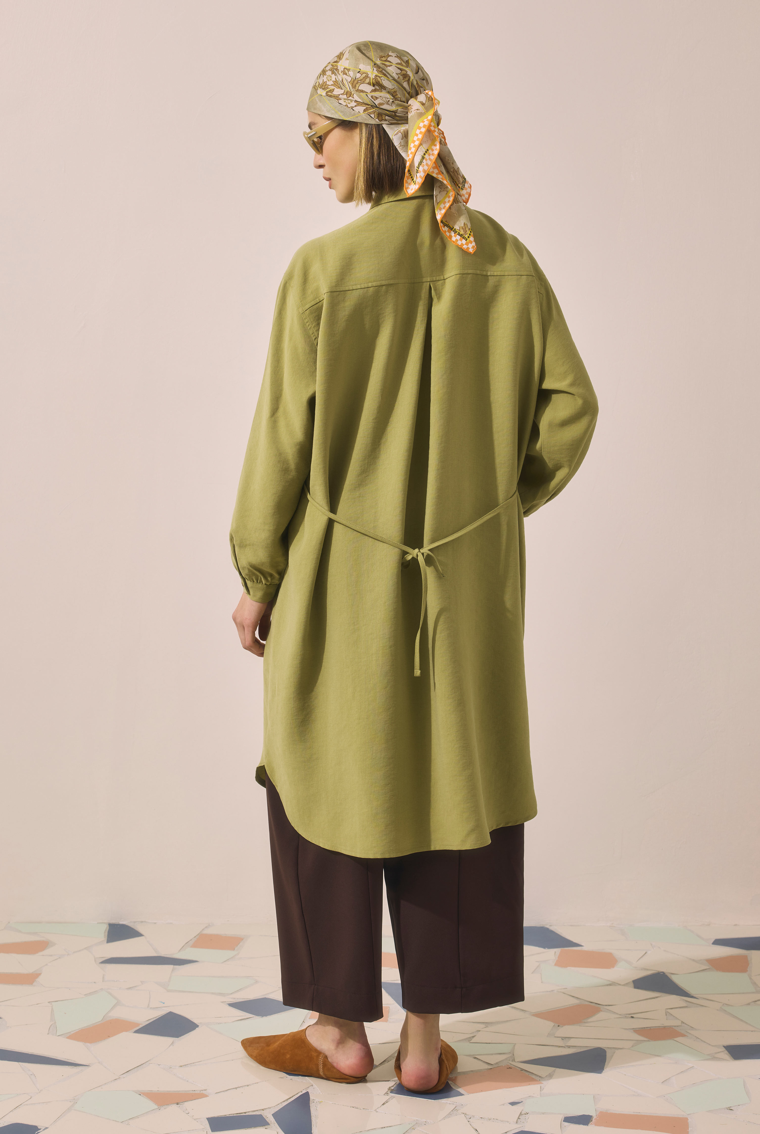 Long Ruched Detail Shirt Oil Green - 4