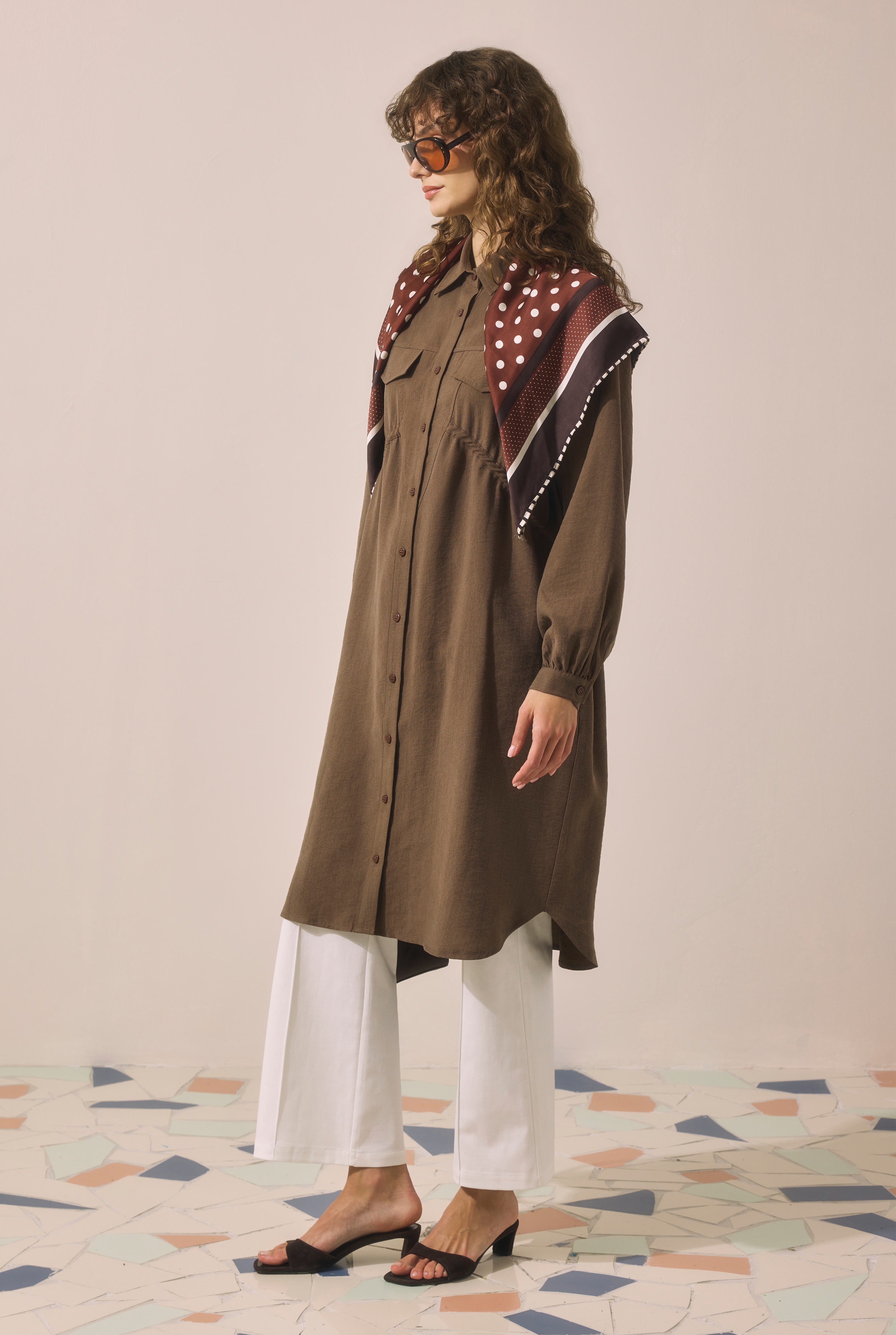 Long Ruched Detail Shirt Brown - 2